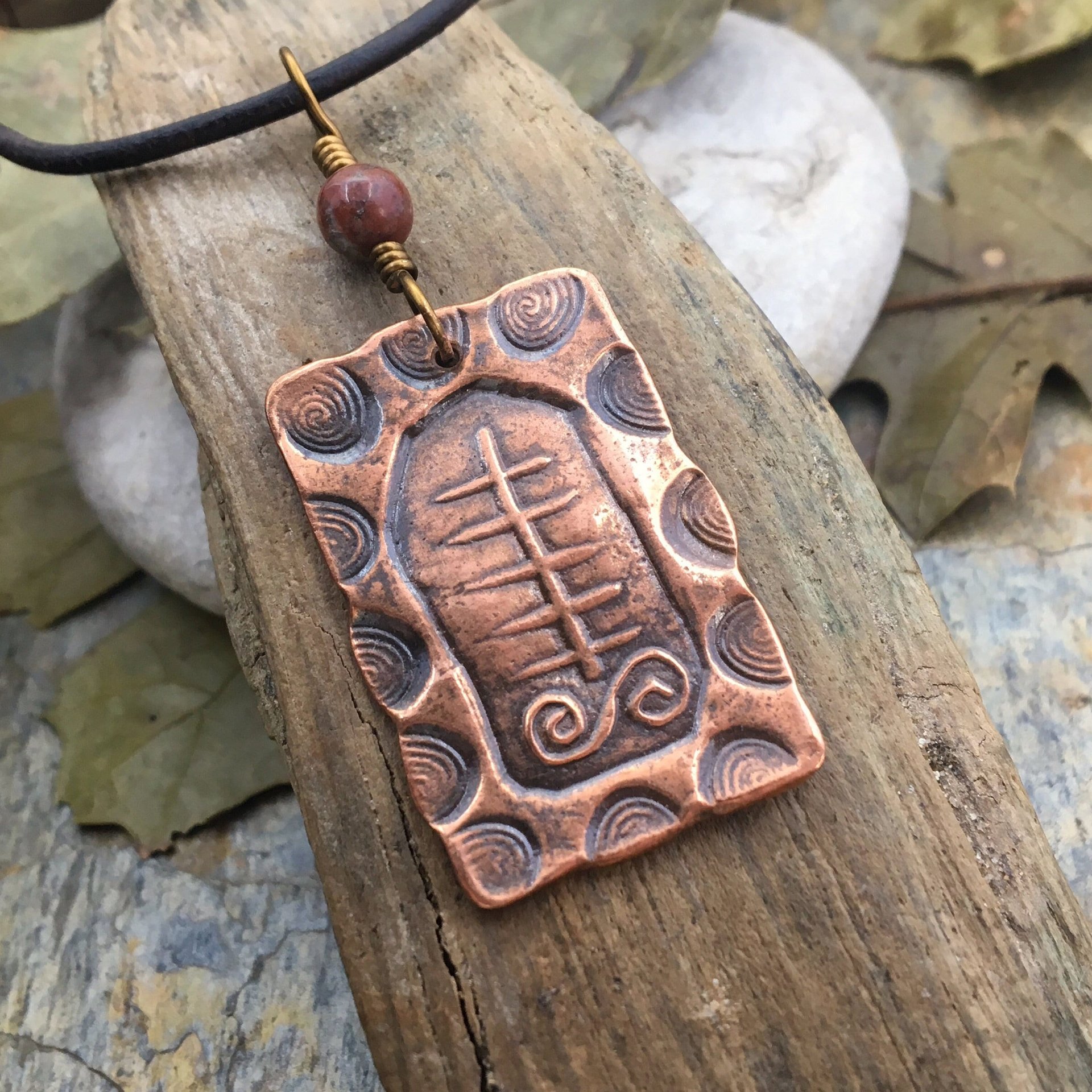 Yew Tree Ogham Charm, Copper Pendant, Connemara Marble, Hand Carved, Irish Celtic, Druid Trees, Leather & Vegan Cords, Handmade Art Jewelry