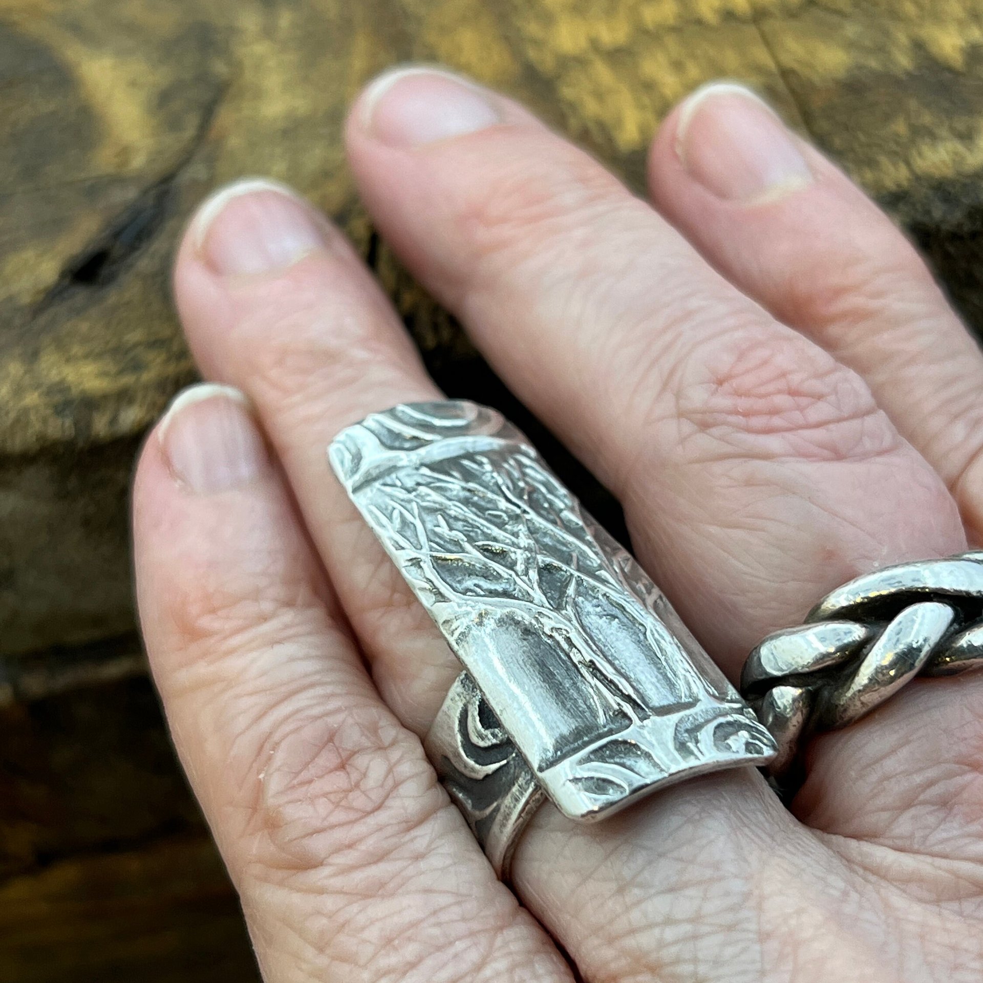 Silver Tree Ring, Sterling Silver 960, Two Trees, Irish Celtic Spirals, Shied Ring, Statement Jewelry, Druid Pagan, Earthy Rustic Jewelry