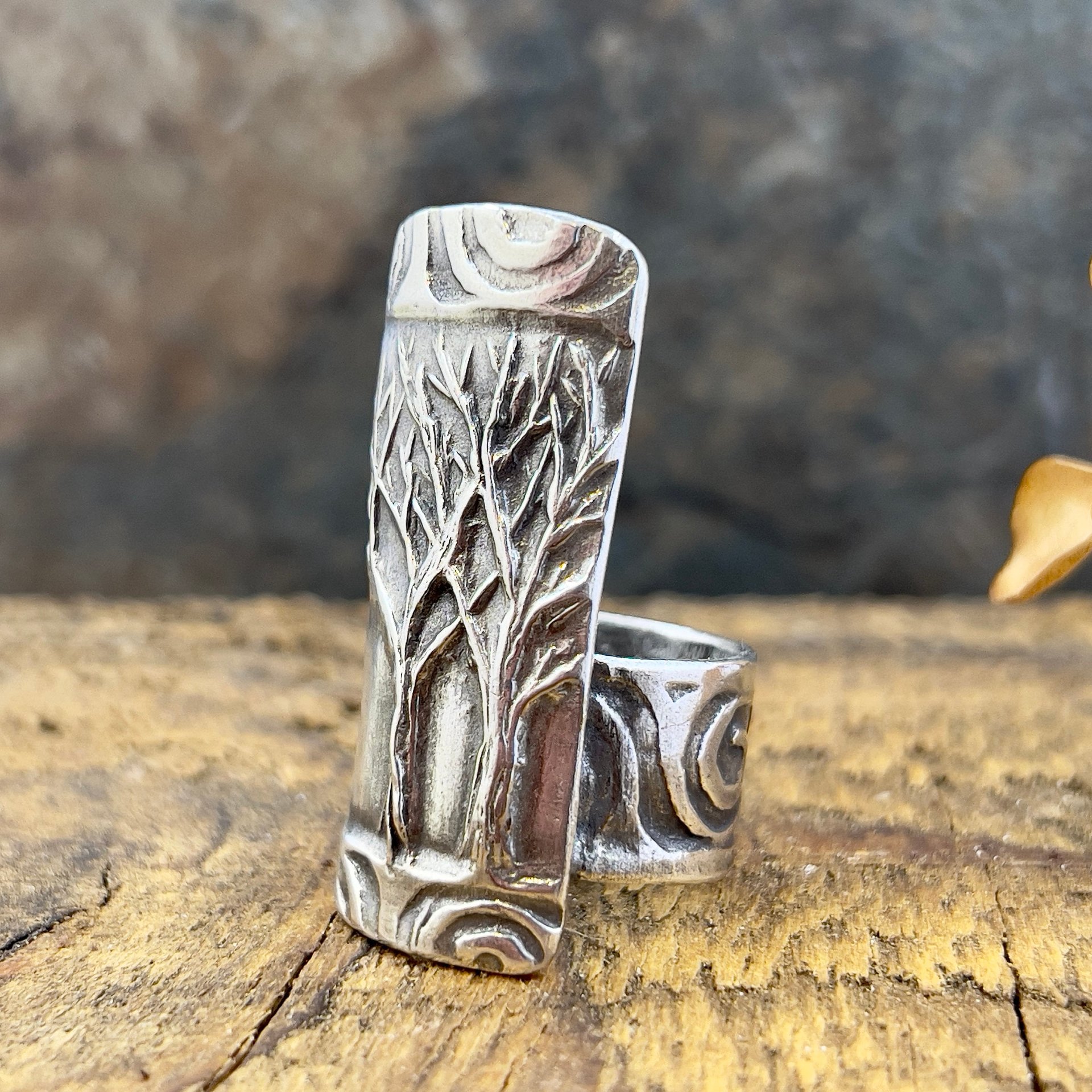 Silver Tree Ring, Sterling Silver 960, Two Trees, Irish Celtic Spirals, Shied Ring, Statement Jewelry, Druid Pagan, Earthy Rustic Jewelry
