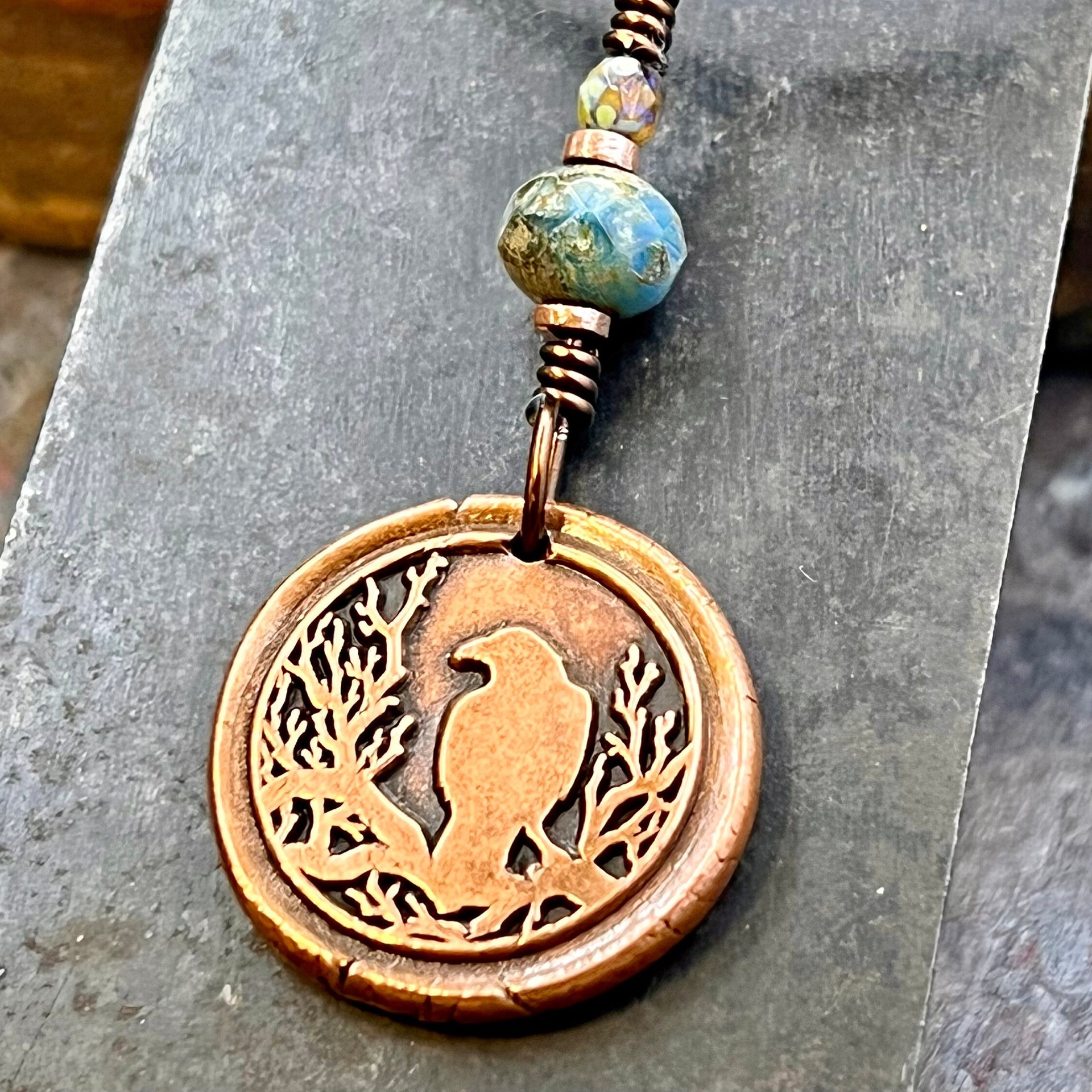 Raven Tree Pendant, Copper Crow Charm, Blackbirds Corvids, Celtic Witch Necklace, Czech Glass Beads, Wax Seal Charm, Spirals, Earthy Rustic