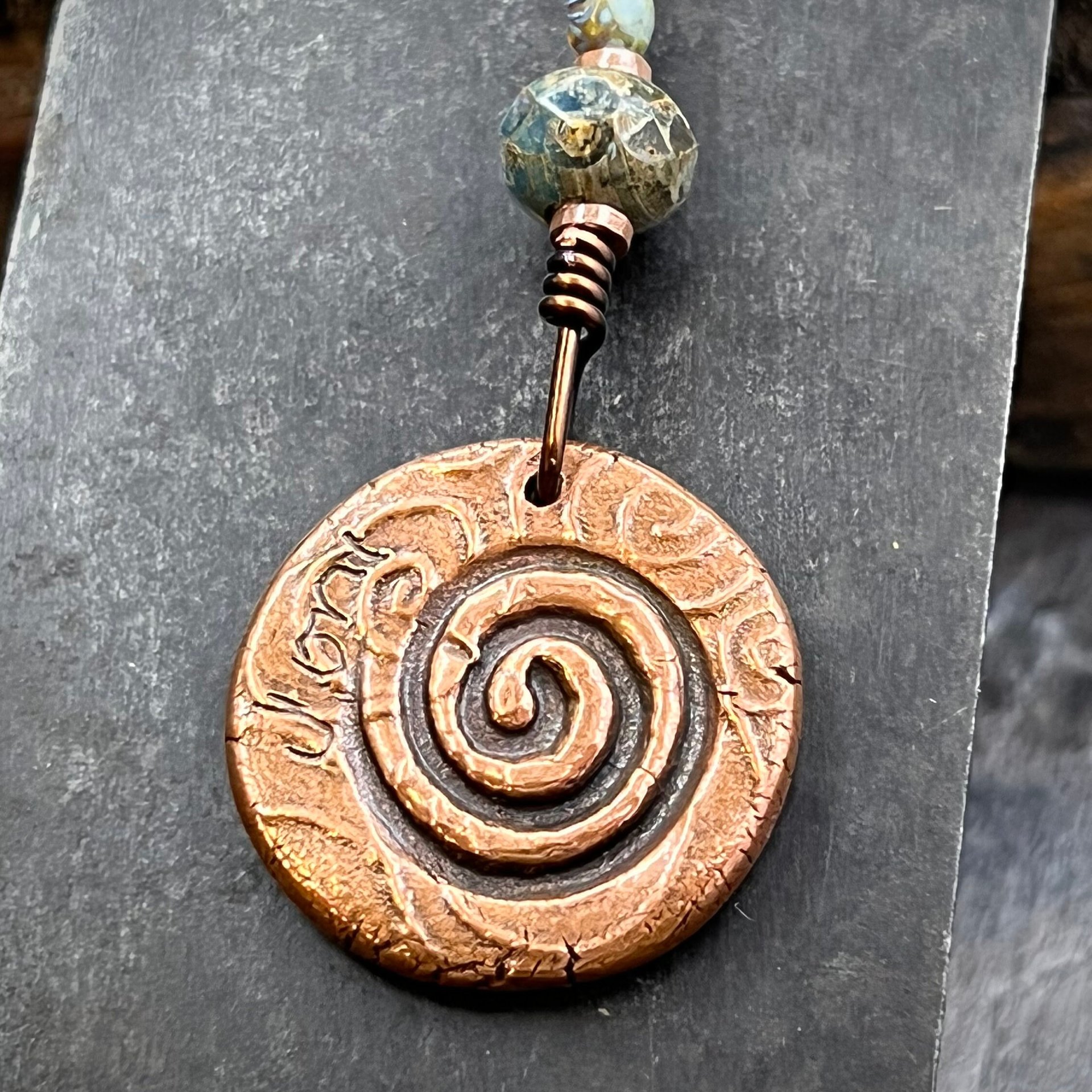 Raven Tree Pendant, Copper Crow Charm, Blackbirds Corvids, Celtic Witch Necklace, Czech Glass Beads, Wax Seal Charm, Spirals, Earthy Rustic