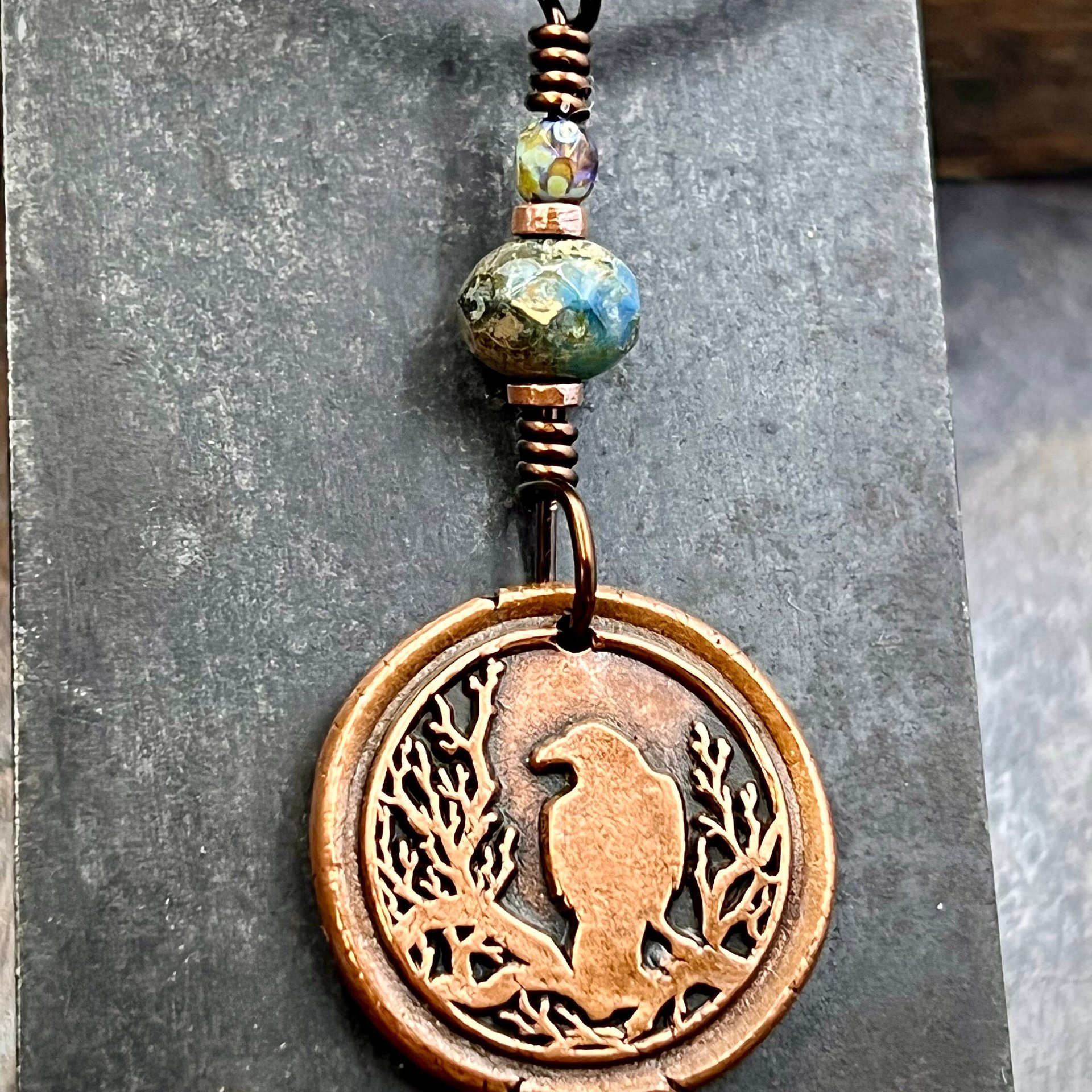 Raven Tree Pendant, Copper Crow Charm, Blackbirds Corvids, Celtic Witch Necklace, Czech Glass Beads, Wax Seal Charm, Spirals, Earthy Rustic