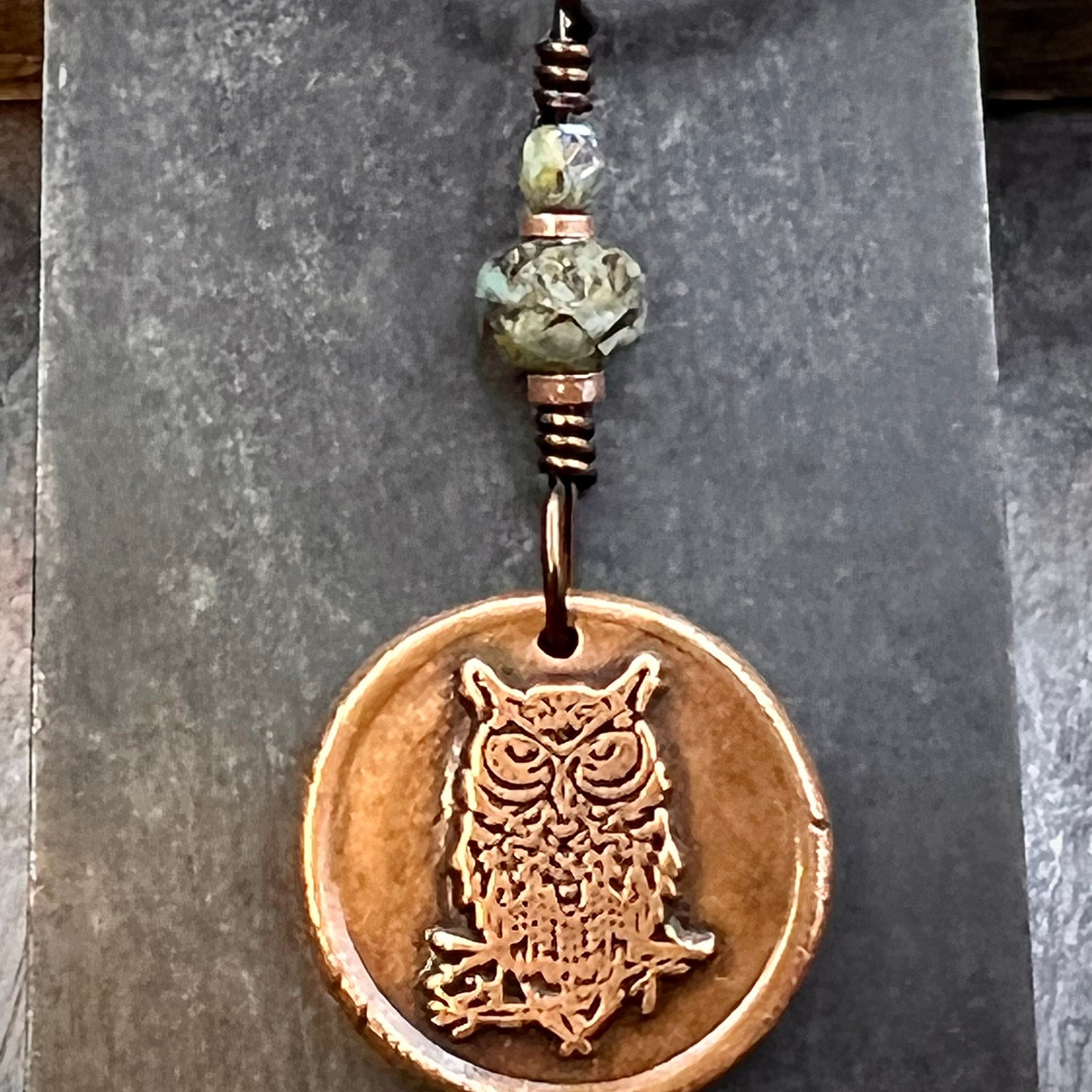 Copper Owl Charm, Wise Owl Necklace, Wax Seal Jewelry, Pagan Witch Pendant, Handmade Art Jewelry, Leather & Vegan Cords, Bird Lover Gift