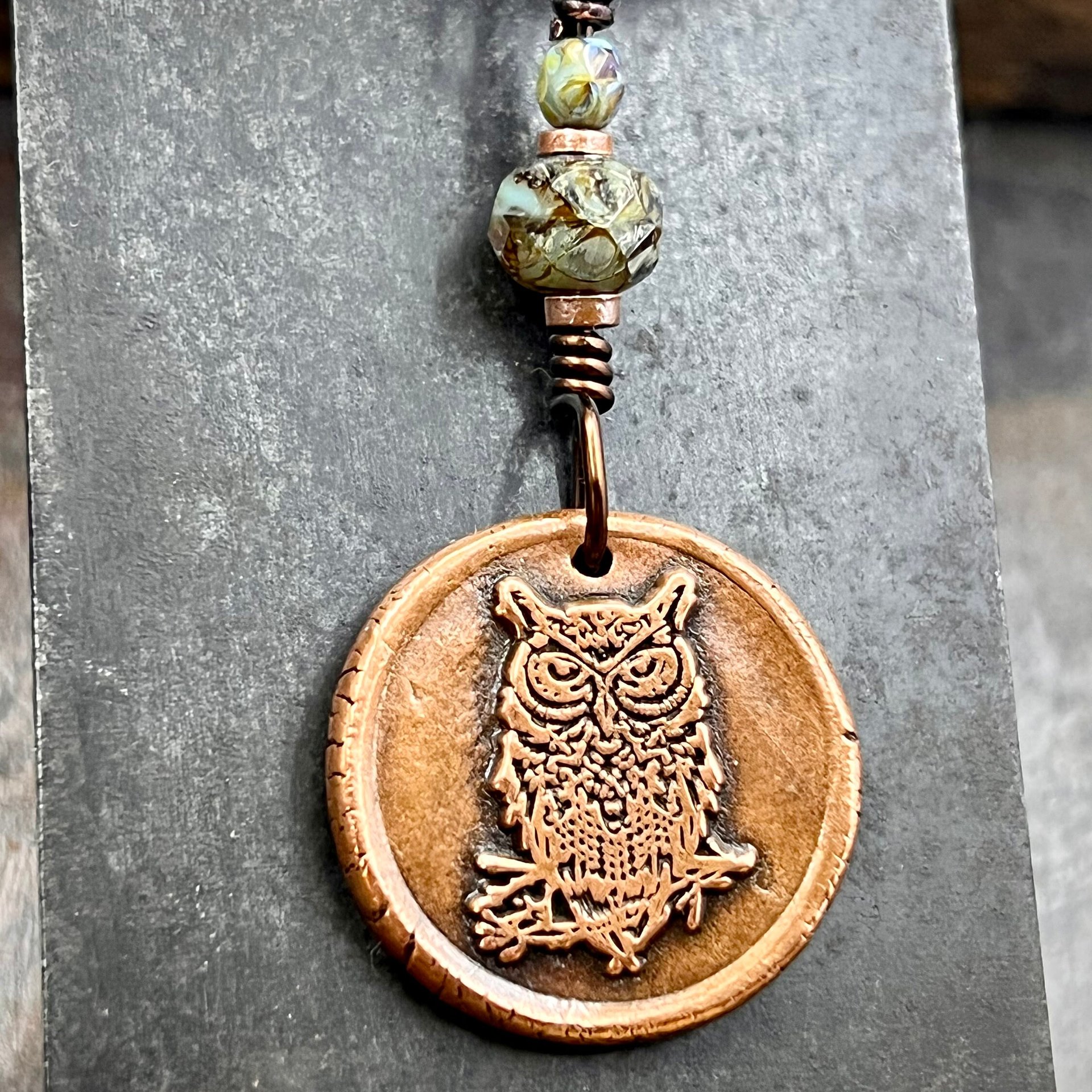 Copper Owl Charm, Wise Owl Necklace, Wax Seal Jewelry, Pagan Witch Pendant, Handmade Art Jewelry, Leather & Vegan Cords, Bird Lover Gift