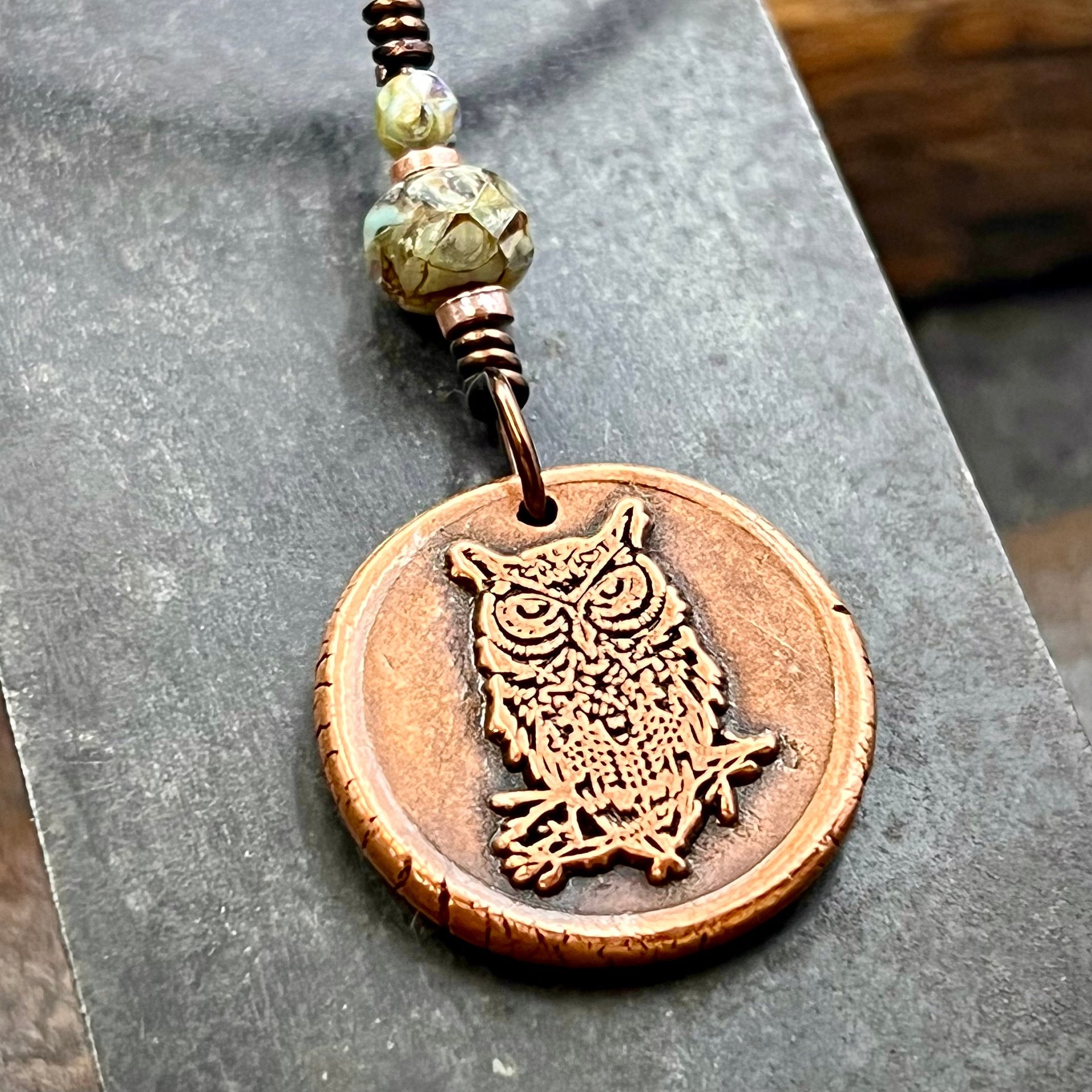 Copper Owl Charm, Wise Owl Necklace, Wax Seal Jewelry, Pagan Witch Pendant, Handmade Art Jewelry, Leather & Vegan Cords, Bird Lover Gift