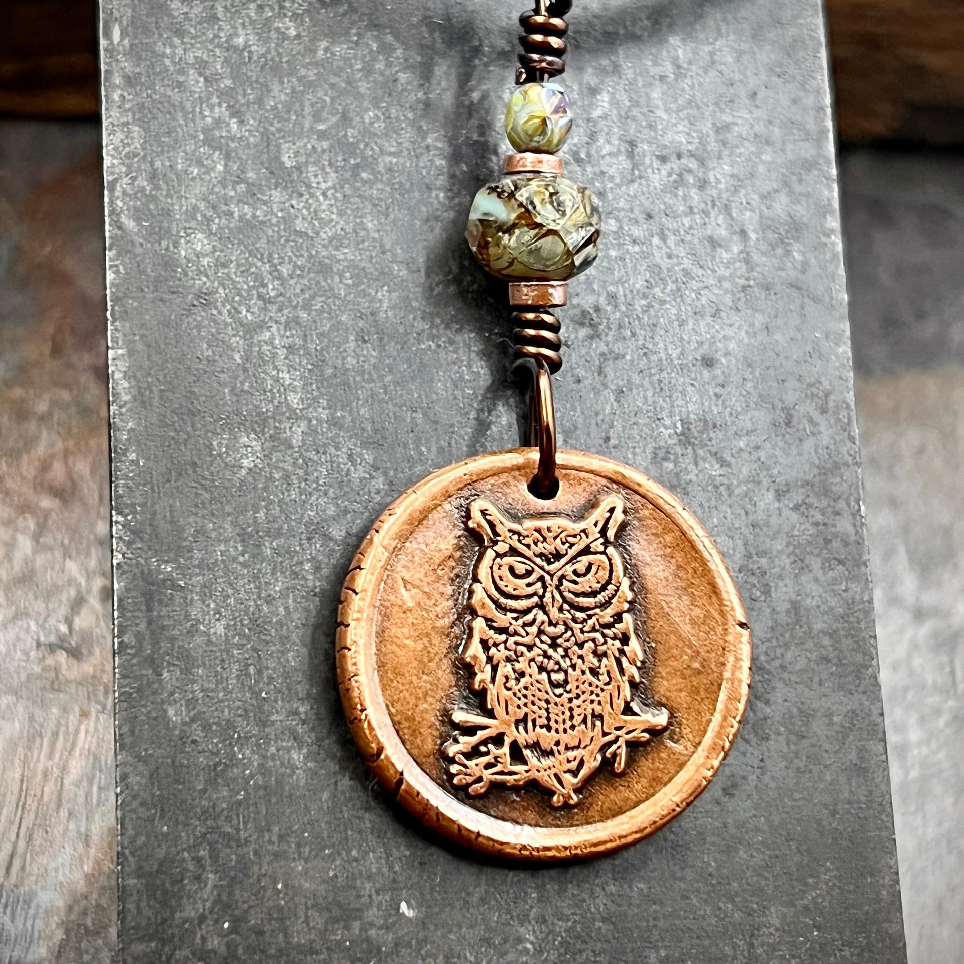 Copper Owl Charm, Wise Owl Necklace, Wax Seal Jewelry, Pagan Witch Pendant, Handmade Art Jewelry, Leather & Vegan Cords, Bird Lover Gift