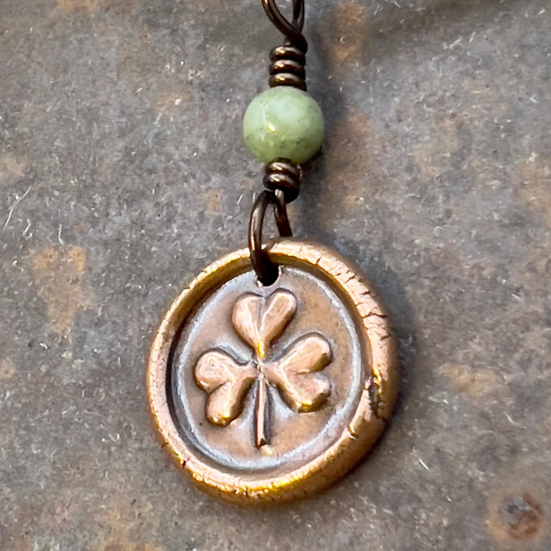 Shamrock Clover Charm, Copper Wax Seal Charm, Connemara Marble, Irish Celtic Jewelry, Leather & Vegan Cords, Handmade, Soul Harbor Jewelry
