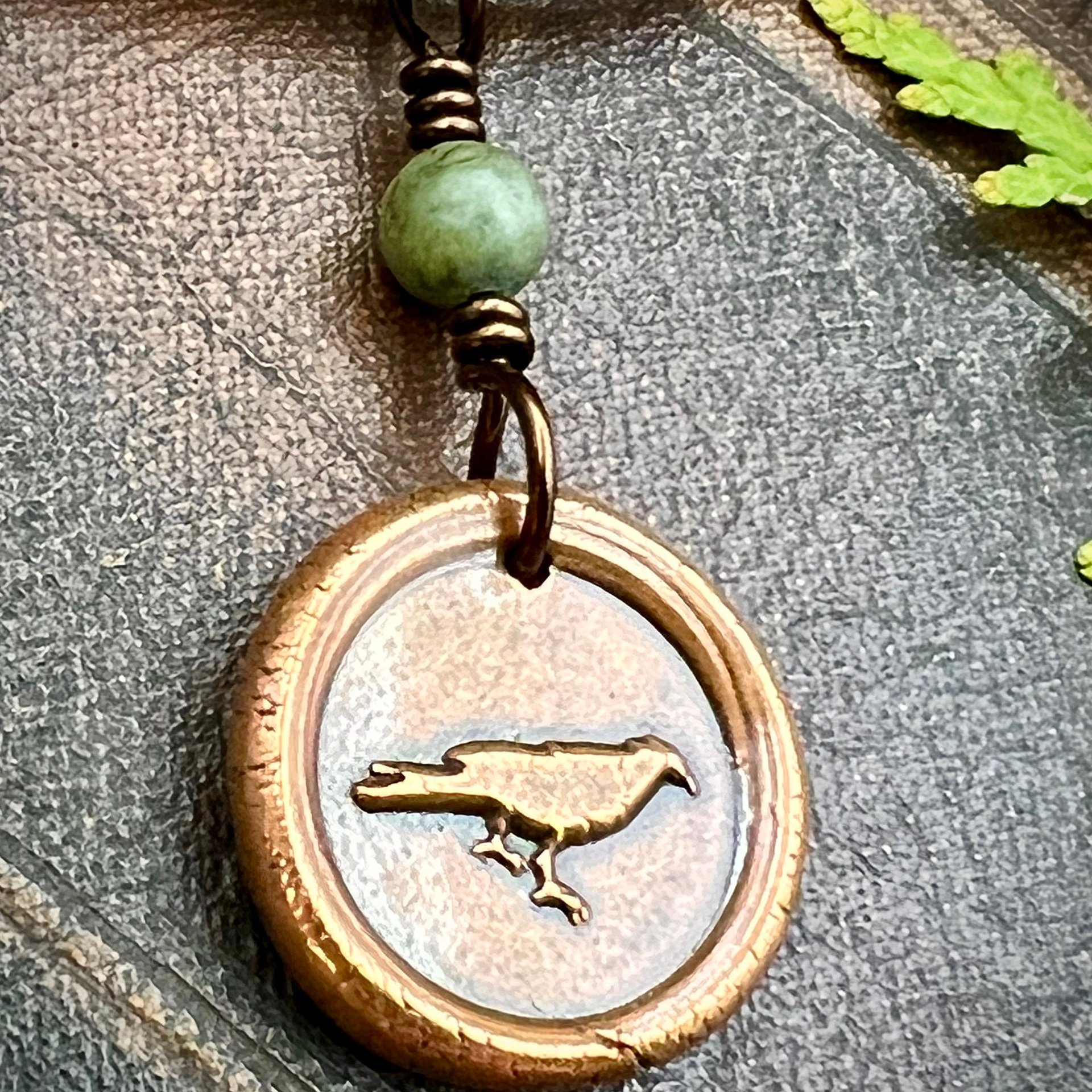 Raven Copper Wax Seal Charm, Irish Celtic Jewelry, Connemara Marble, Pagan Wicca Gifts, Celtic Goddess, Rhiannon Morrigan, Handmade Jewelry