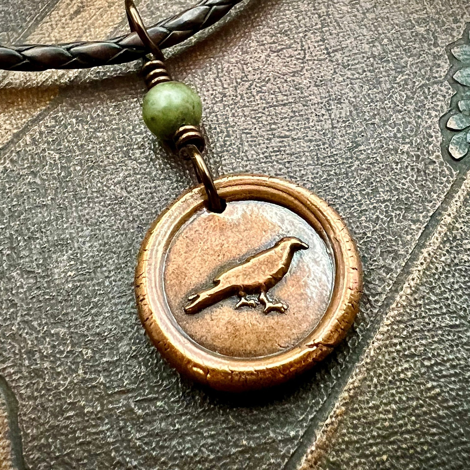 Raven Copper Wax Seal Charm, Irish Celtic Jewelry, Connemara Marble, Pagan Wicca Gifts, Celtic Goddess, Rhiannon Morrigan, Handmade Jewelry