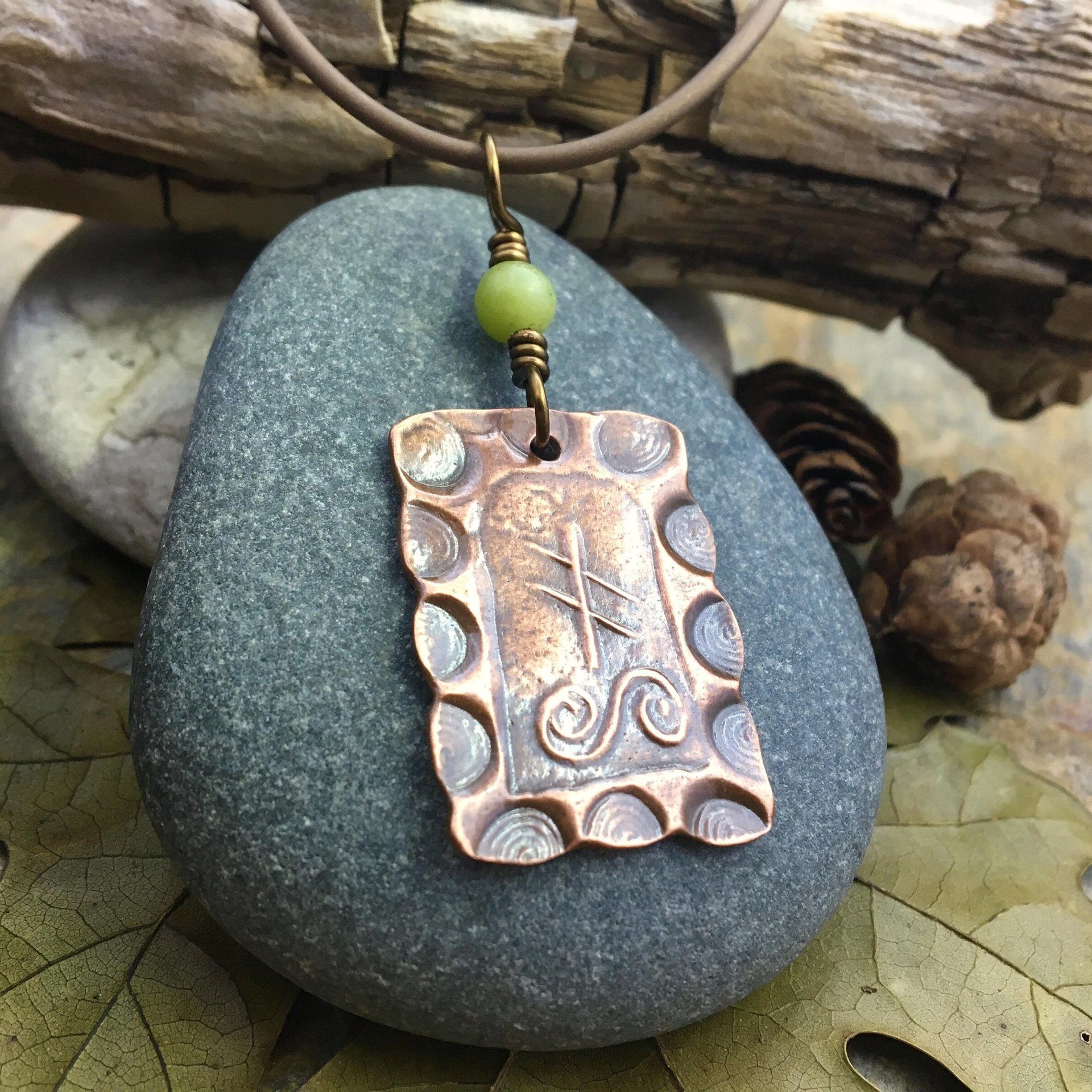 Ivy Ogham Charm, Copper Pendant, Connemara Marble, Celtic Tree Astrology, Hand Carved Art, Leather & Vegan Cords, September 30 – October 27