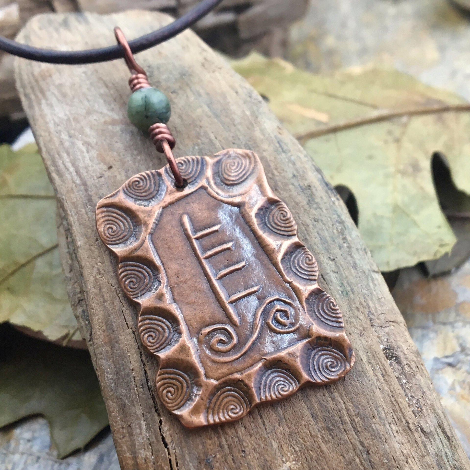 Willow Tree Ogham Charm, Copper Pendant, Celtic Tree Astrology, Connemara Marble, Hand Carved Art, Irish Gaelic, Spirals,  April 15 – May 12
