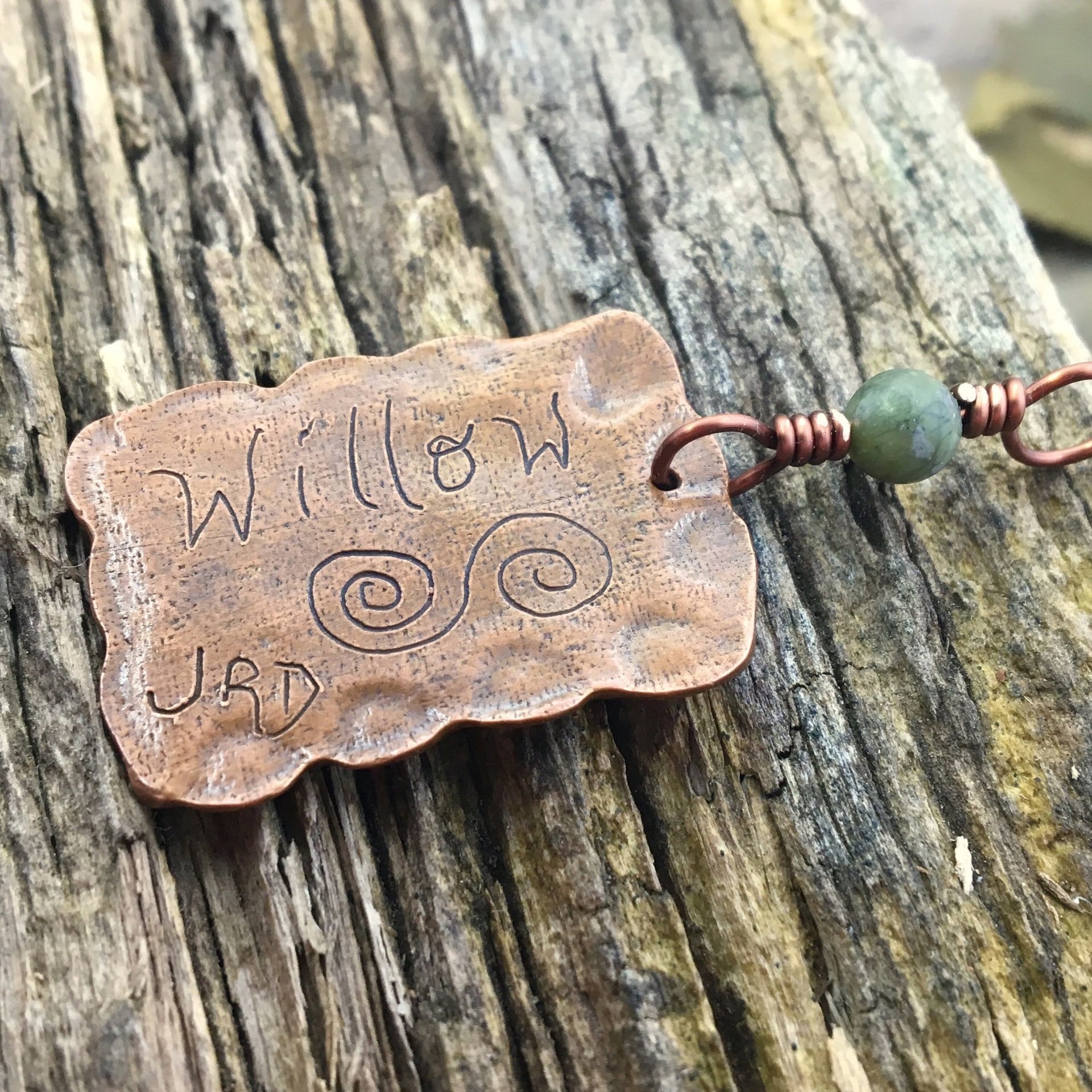 Willow Tree Ogham Charm, Copper Pendant, Celtic Tree Astrology, Connemara Marble, Hand Carved Art, Irish Gaelic, Spirals,  April 15 – May 12