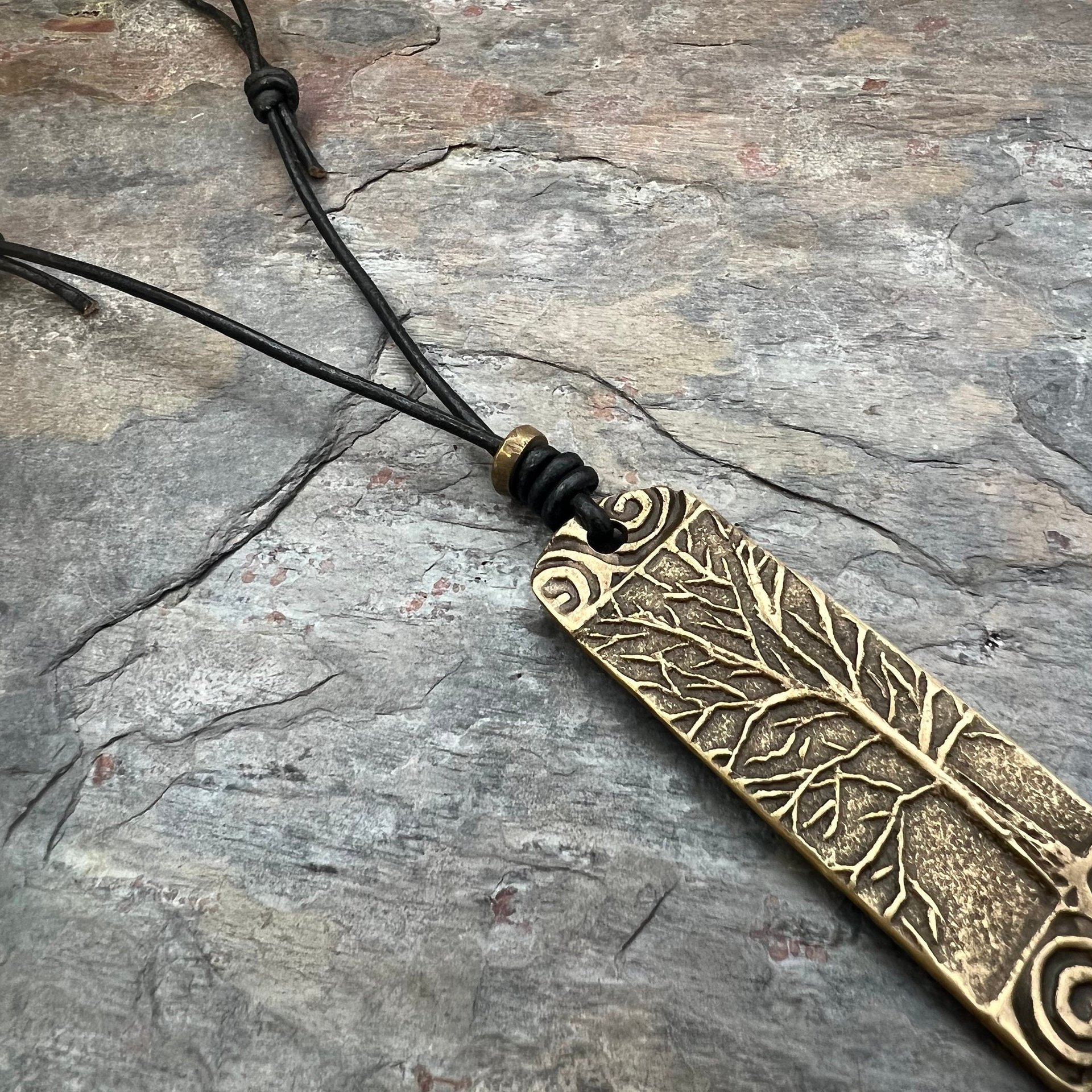 Tree of Life Bronze Pendant, Irish Celtic Jewelry, Long Tree Necklace, Celtic Spirals, Sliding Knot Leather Cord, Hand Carved Designs