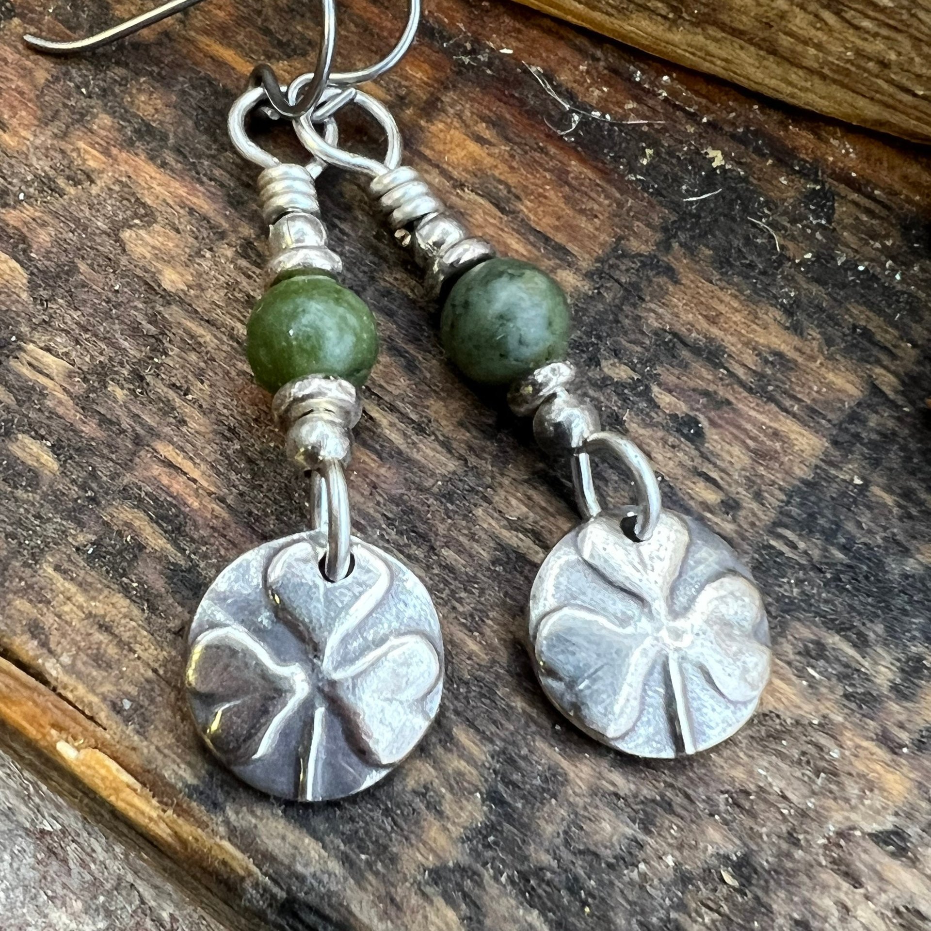 Shamrock Earrings, Connemara Marble, Irish Shamrock, Irish Celtic Jewelry, Clover Earrings, Sterling Silver, Silver and Green, Anniversary