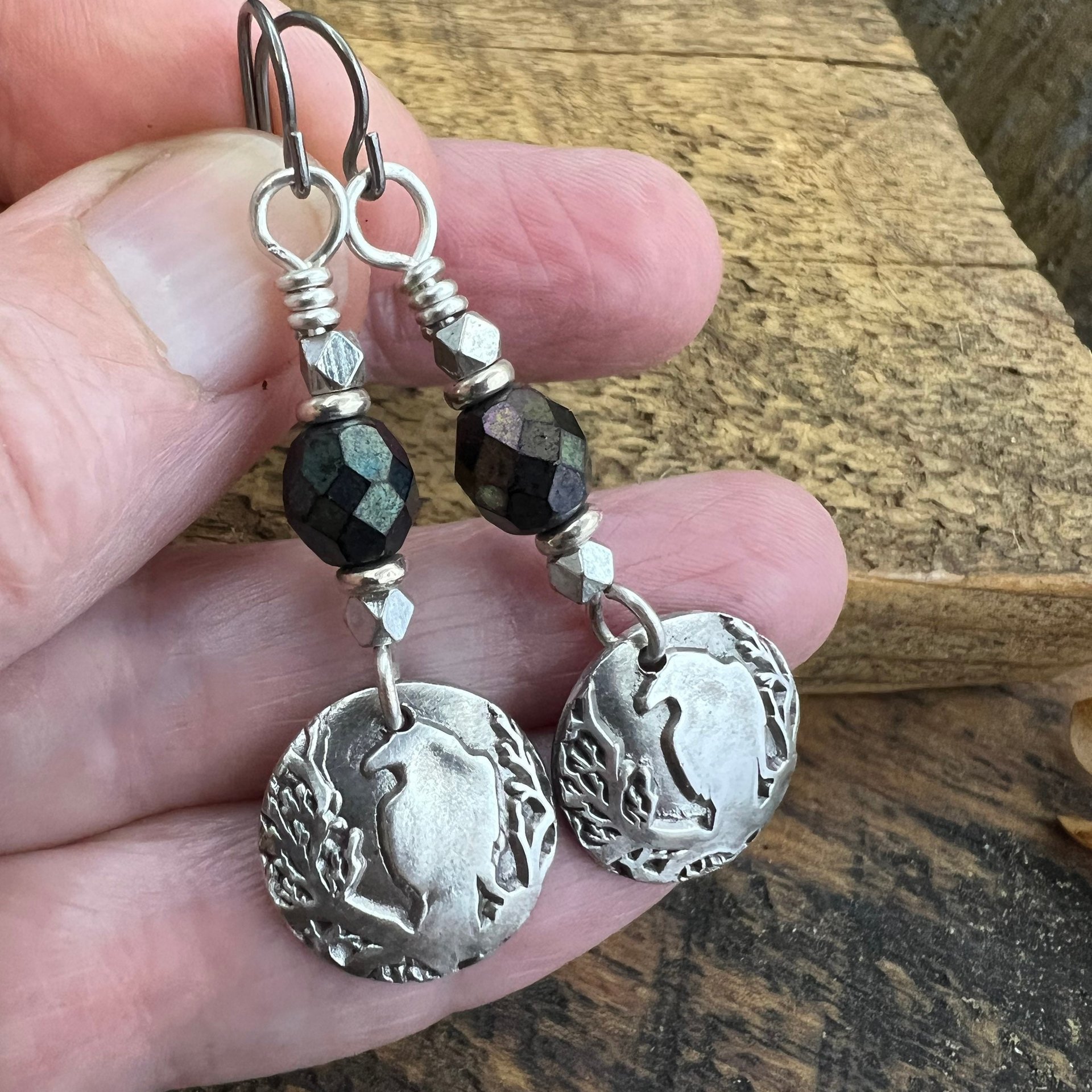 Sterling Silver Raven Earrings, Irish Celtic Jewelry, Crow Blackbird, Niobium Ear Wires, Hypoallergenic, Czech Glass Beads, Pagan Jewelry
