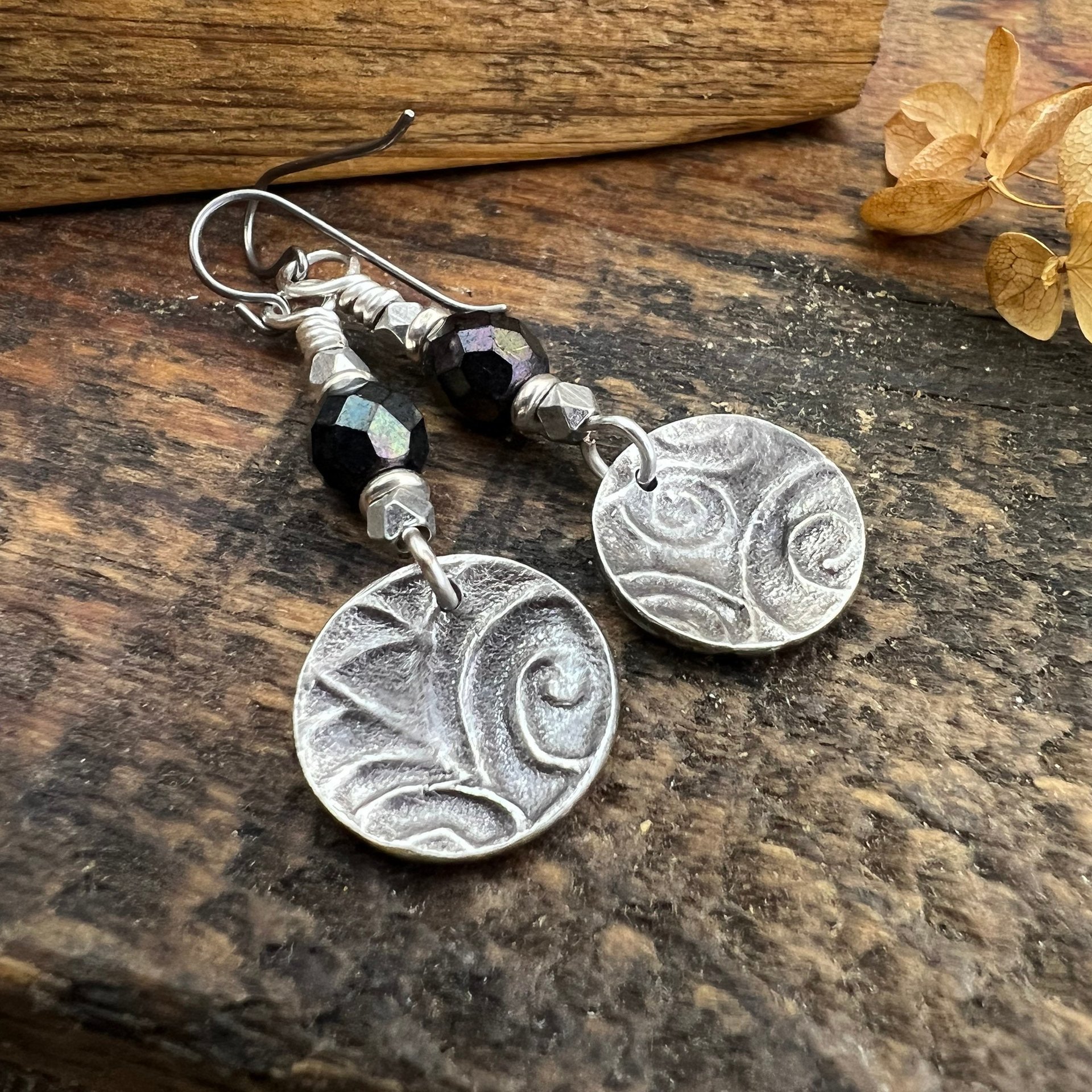 Sterling Silver Raven Earrings, Irish Celtic Jewelry, Crow Blackbird, Niobium Ear Wires, Hypoallergenic, Czech Glass Beads, Pagan Jewelry
