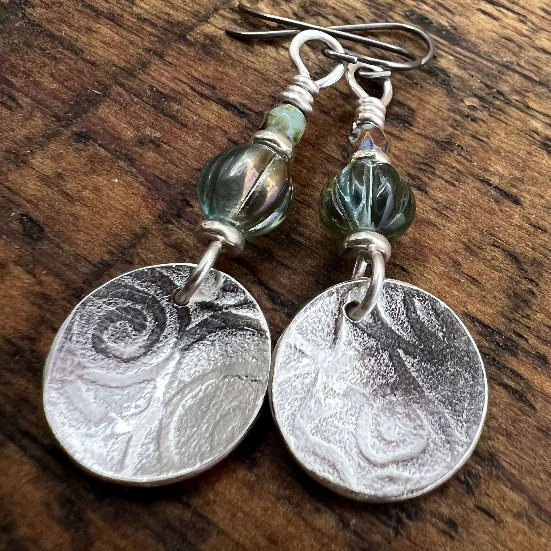 Sterling Silver Disc Earrings, Brushed Silver, Spirals, Blue Czech Glass, Niobium Ear Wires, Hypoallergenic, Concave Disc Earrings, Handmade