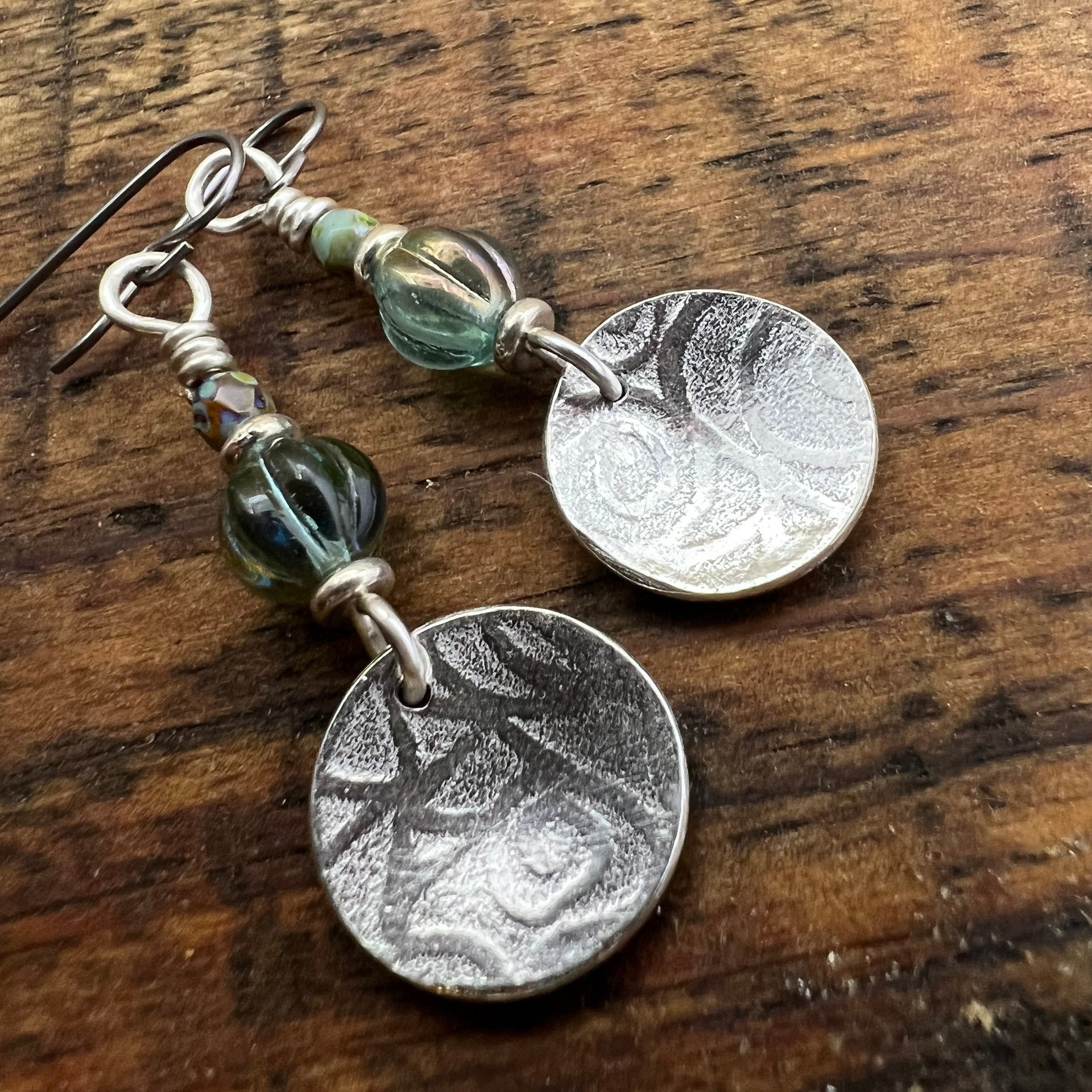 Sterling Silver Disc Earrings, Brushed Silver, Spirals, Blue Czech Glass, Niobium Ear Wires, Hypoallergenic, Concave Disc Earrings, Handmade
