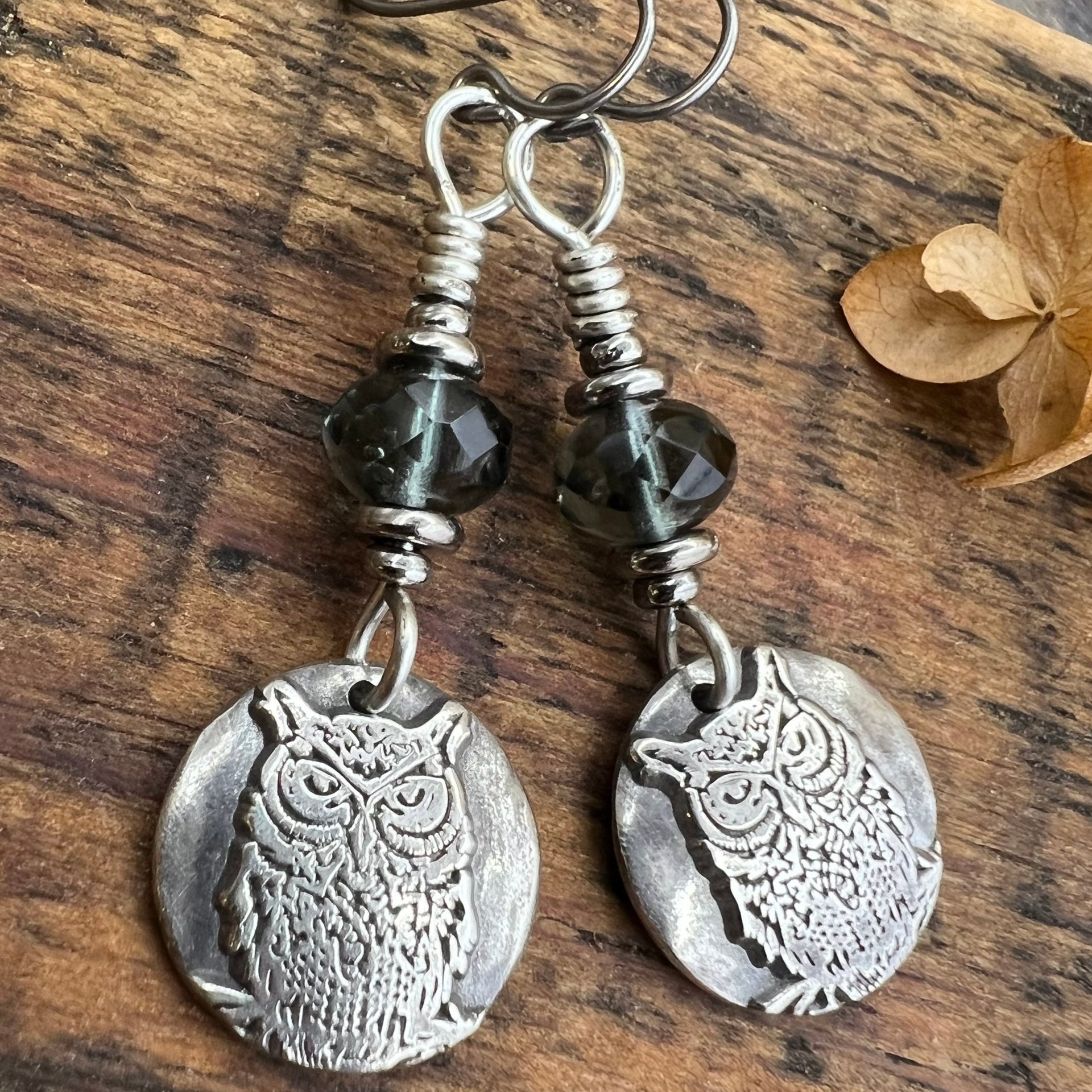 Sterling Silver Owl Earrings, Niobium Ear Wires, Hypoallergenic, Czech Glass Beads, Bird Jewelry, Night Flyers, Mystical Magical, Wise Owl