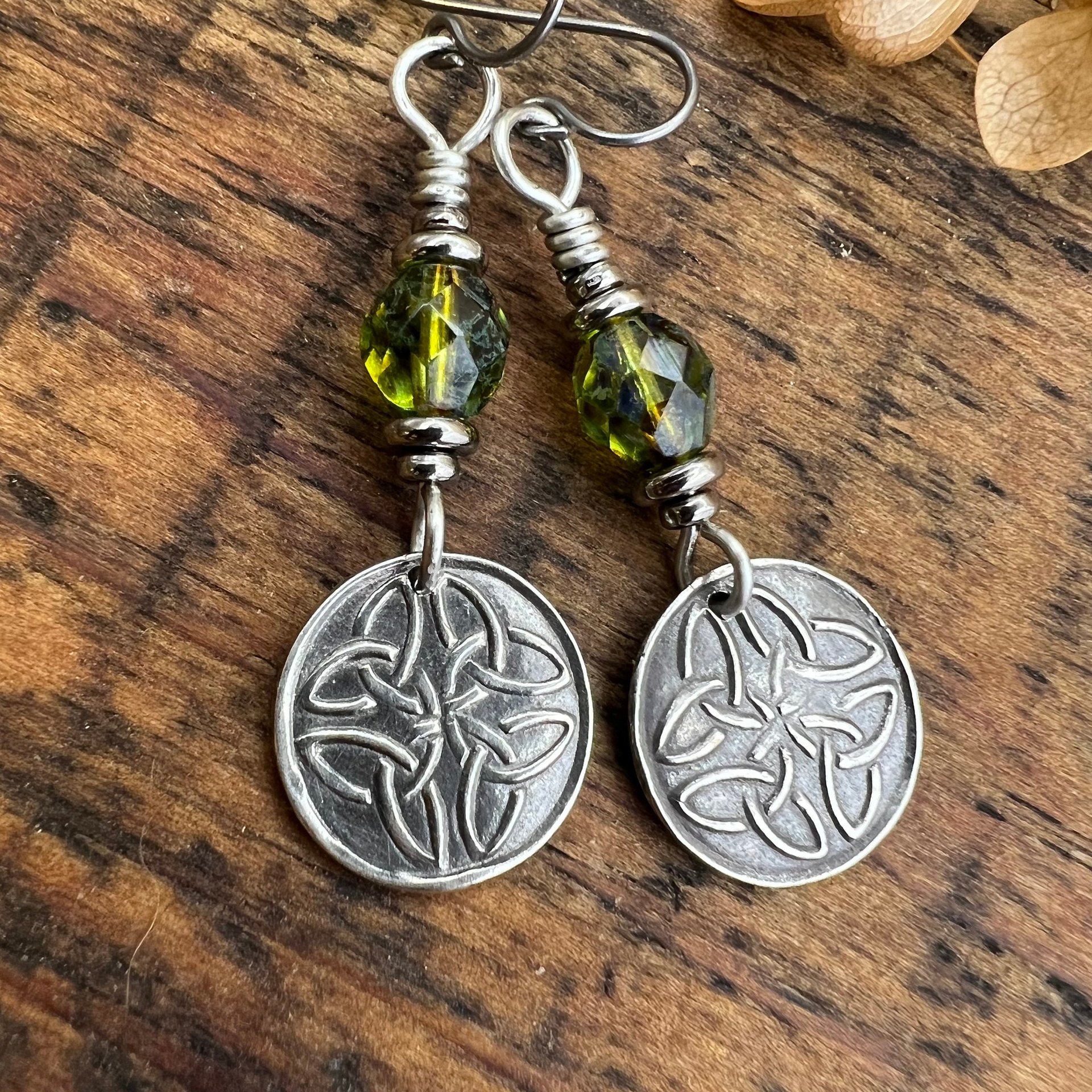 Trinity Knot, Sterling Silver Earrings, Irish Celtic, Czech Glass, Niobium Ear Wires, Hypoallergenic, Round Disc, Green Tree Witch, Druid
