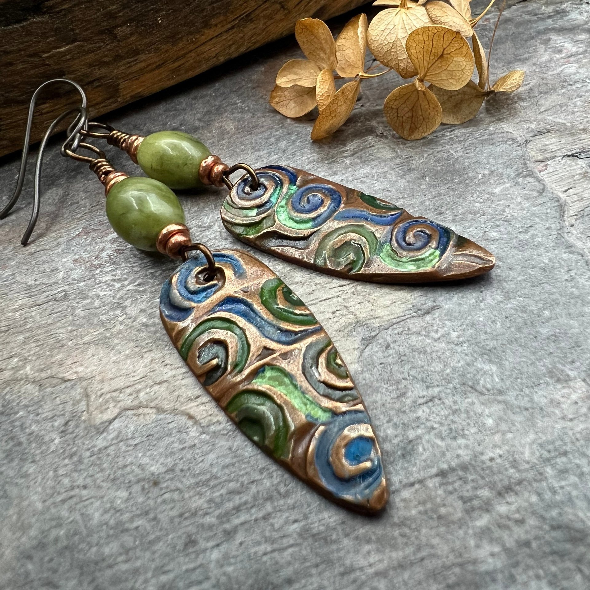 Copper Spirals Earrings, Copper Patina, Irish Celtic Jewelry, Colorful Copper, Connemara Marble, Celtic Witch Goddess, Handmade Art Jewelry