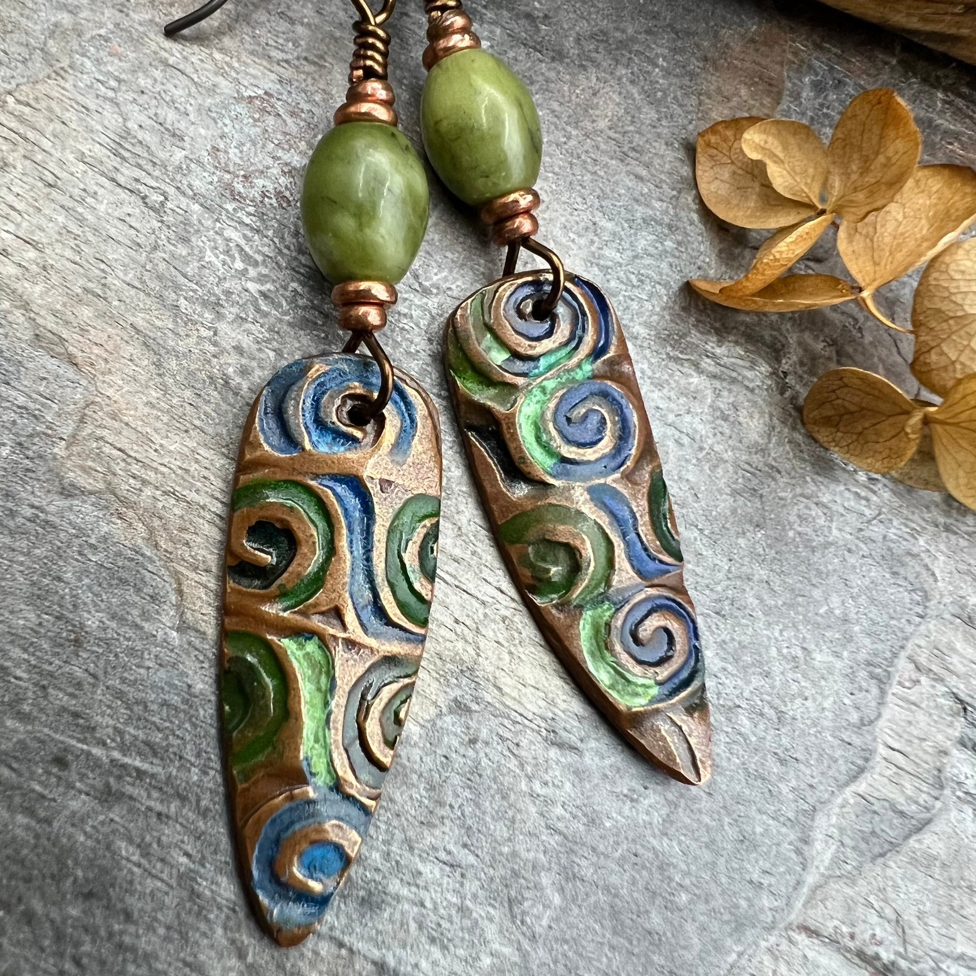 Copper Spirals Earrings, Copper Patina, Irish Celtic Jewelry, Colorful Copper, Connemara Marble, Celtic Witch Goddess, Handmade Art Jewelry