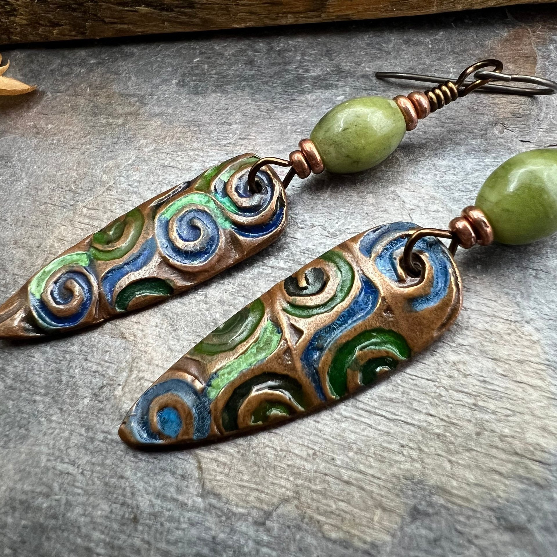 Copper Spirals Earrings, Copper Patina, Irish Celtic Jewelry, Colorful Copper, Connemara Marble, Celtic Witch Goddess, Handmade Art Jewelry