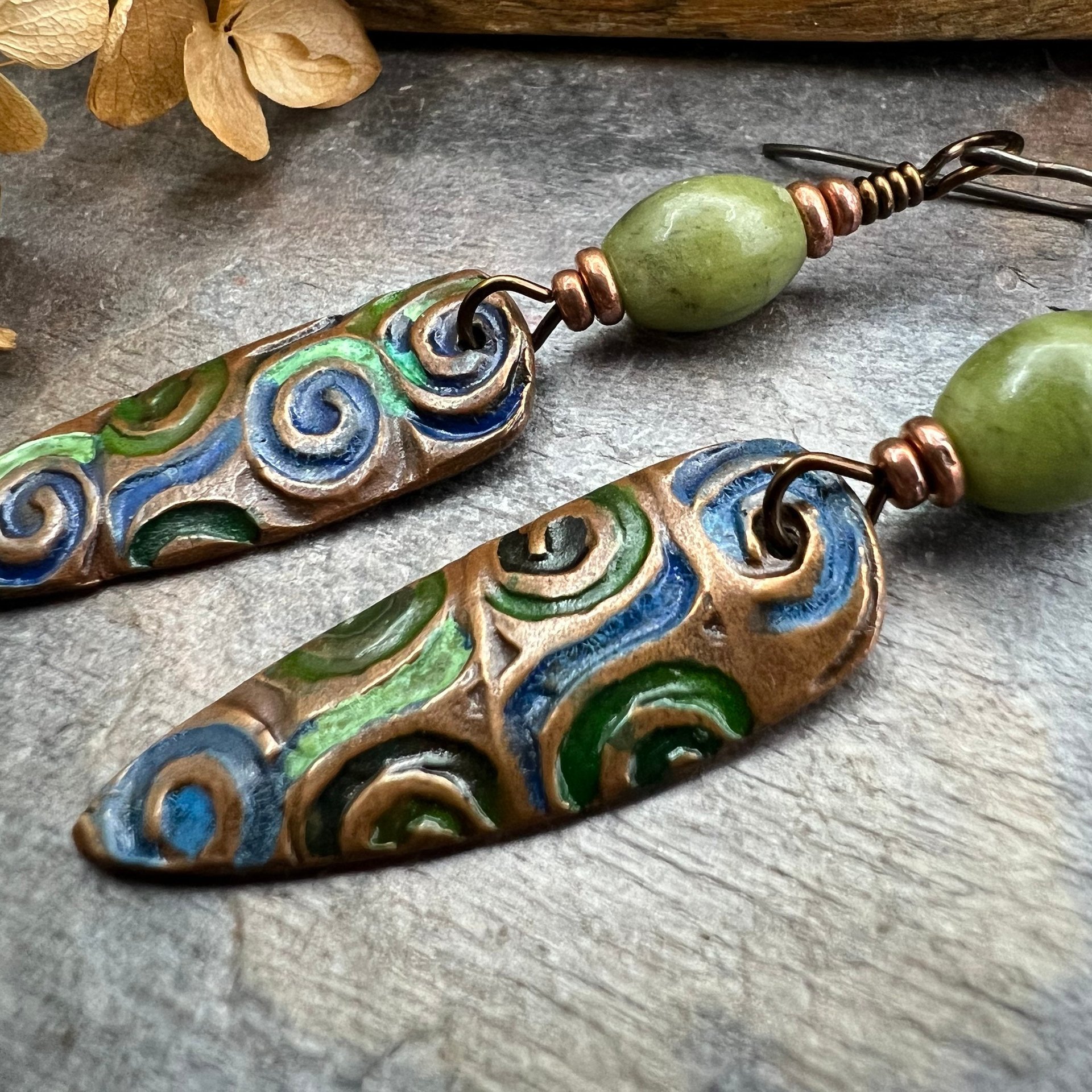 Copper Spirals Earrings, Copper Patina, Irish Celtic Jewelry, Colorful Copper, Connemara Marble, Celtic Witch Goddess, Handmade Art Jewelry