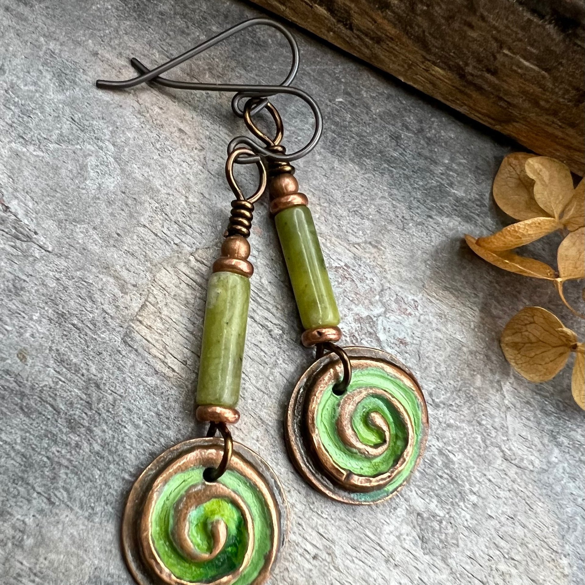 Copper Spirals Earrings, Copper Patina, Irish Celtic Jewelry, Colorful Copper, Connemara Marble, Celtic Witch Goddess, Handmade Art Jewelry