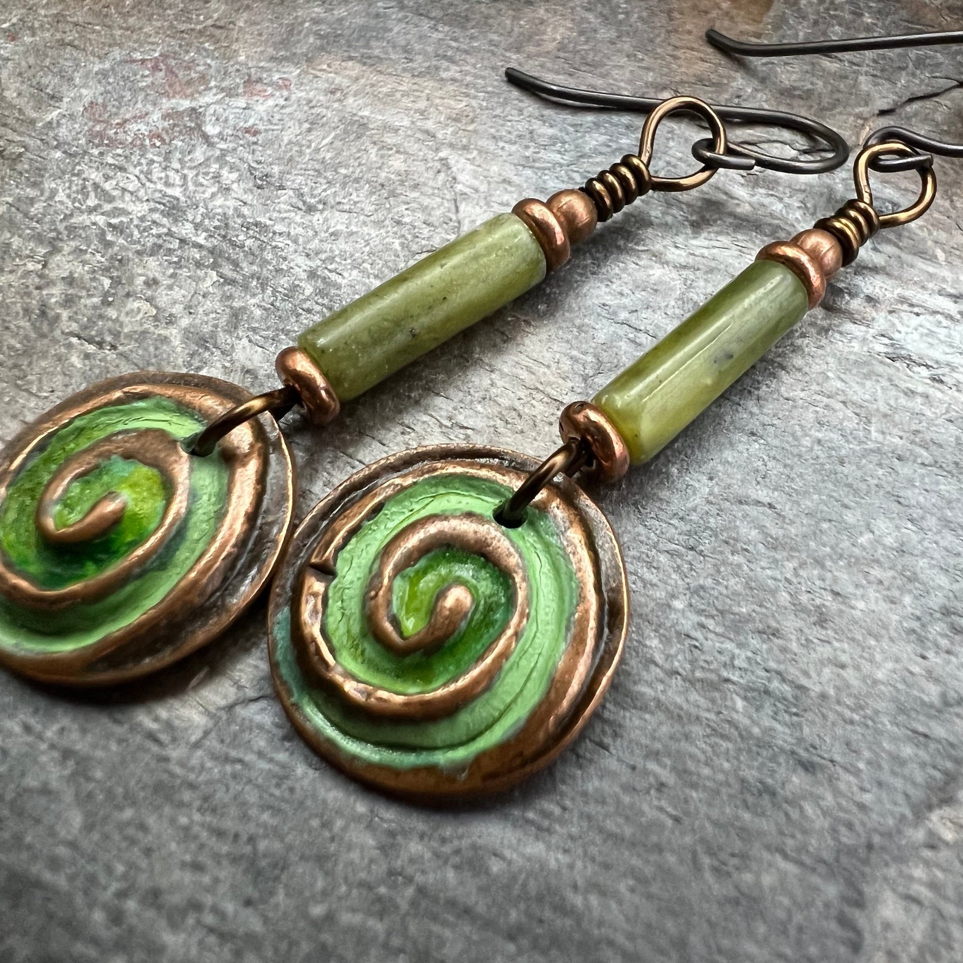Copper Spirals Earrings, Copper Patina, Irish Celtic Jewelry, Colorful Copper, Connemara Marble, Celtic Witch Goddess, Handmade Art Jewelry