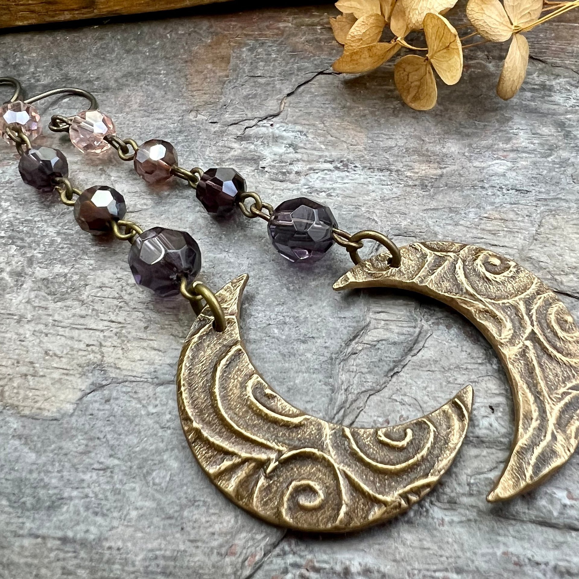 Crescent Moon Bronze Earrings, Purple Crystal Beads, Celtic Moon Goddess, Long Beaded Moon Earrings, Hypoallergenic, Pagan Wicca Art