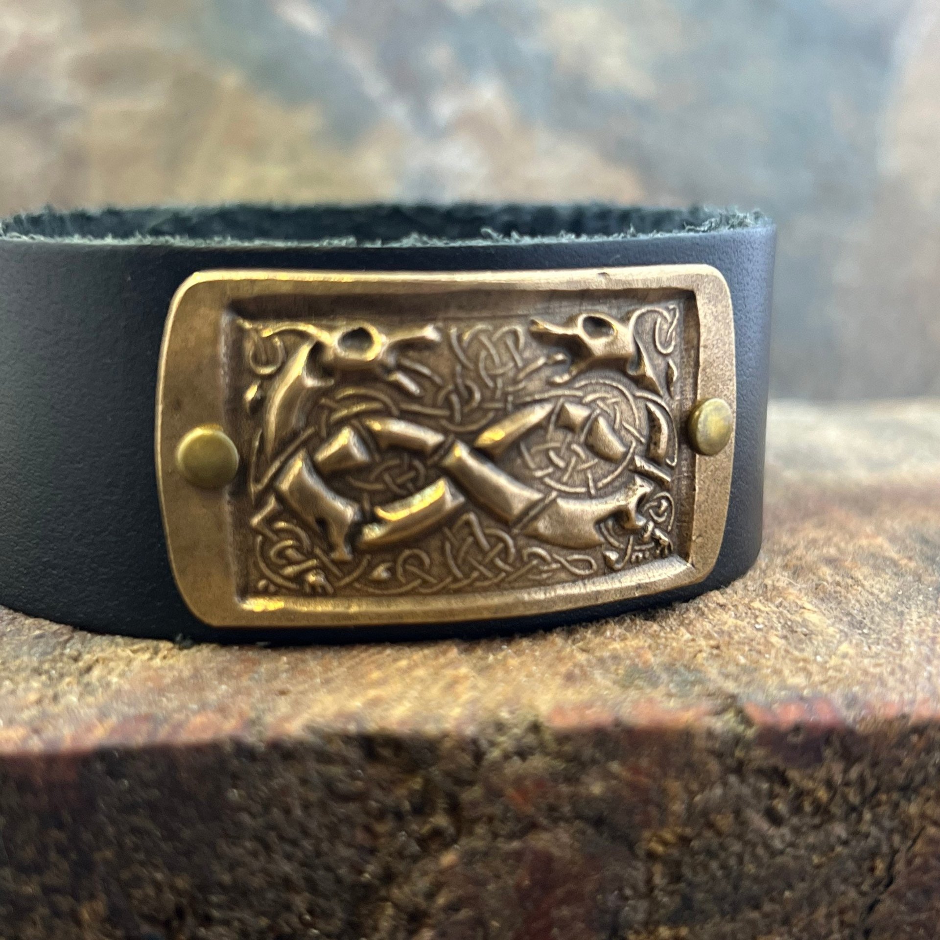 Celtic Hounds, Bronze & Leather Cuff Bracelet, Irish Celtic, Unisex Jewelry, Black Leather Adjustable Cuff, Size 6.75-8, Earthy Rustic