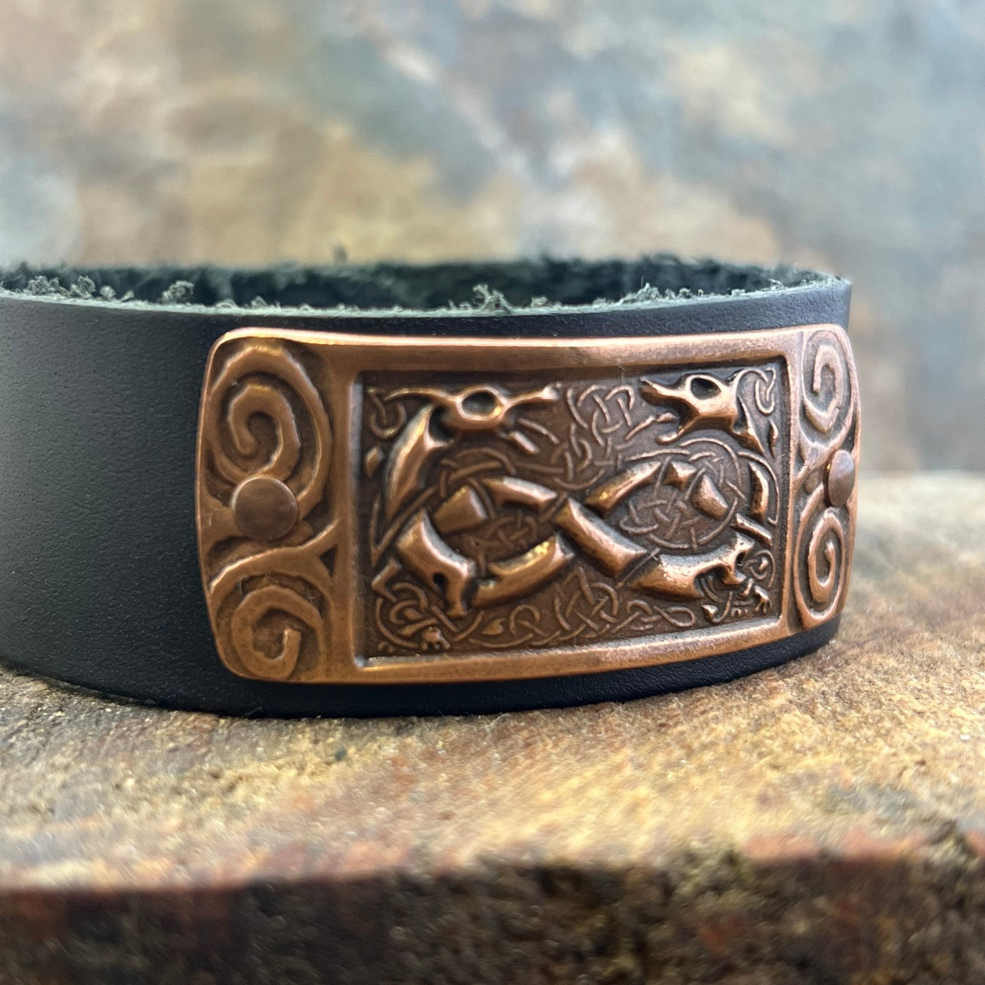 Celtic Hounds, Copper & Leather Cuff Bracelet, Irish Celtic, Unisex Jewelry, Black Leather Adjustable Cuff, Size 6.75-8, Earthy Rustic
