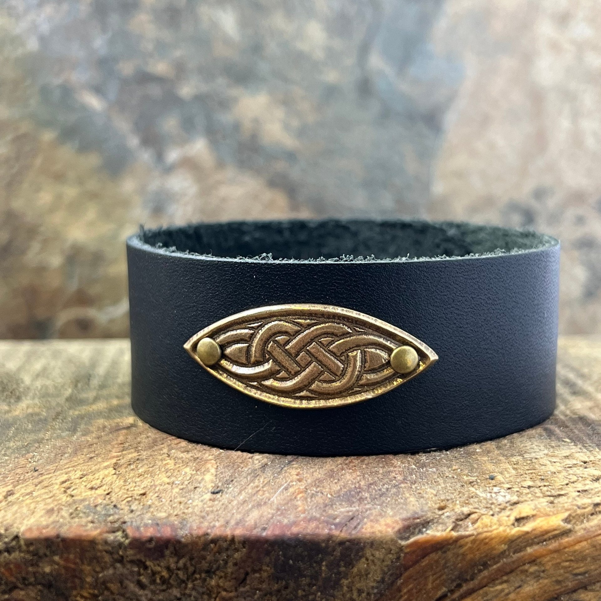 Celtic Knots, Bronze & Leather Cuff Bracelet, Irish Celtic, Unisex Jewelry, Black Leather Adjustable Cuff, Size 6.75-8, Earthy Rustic