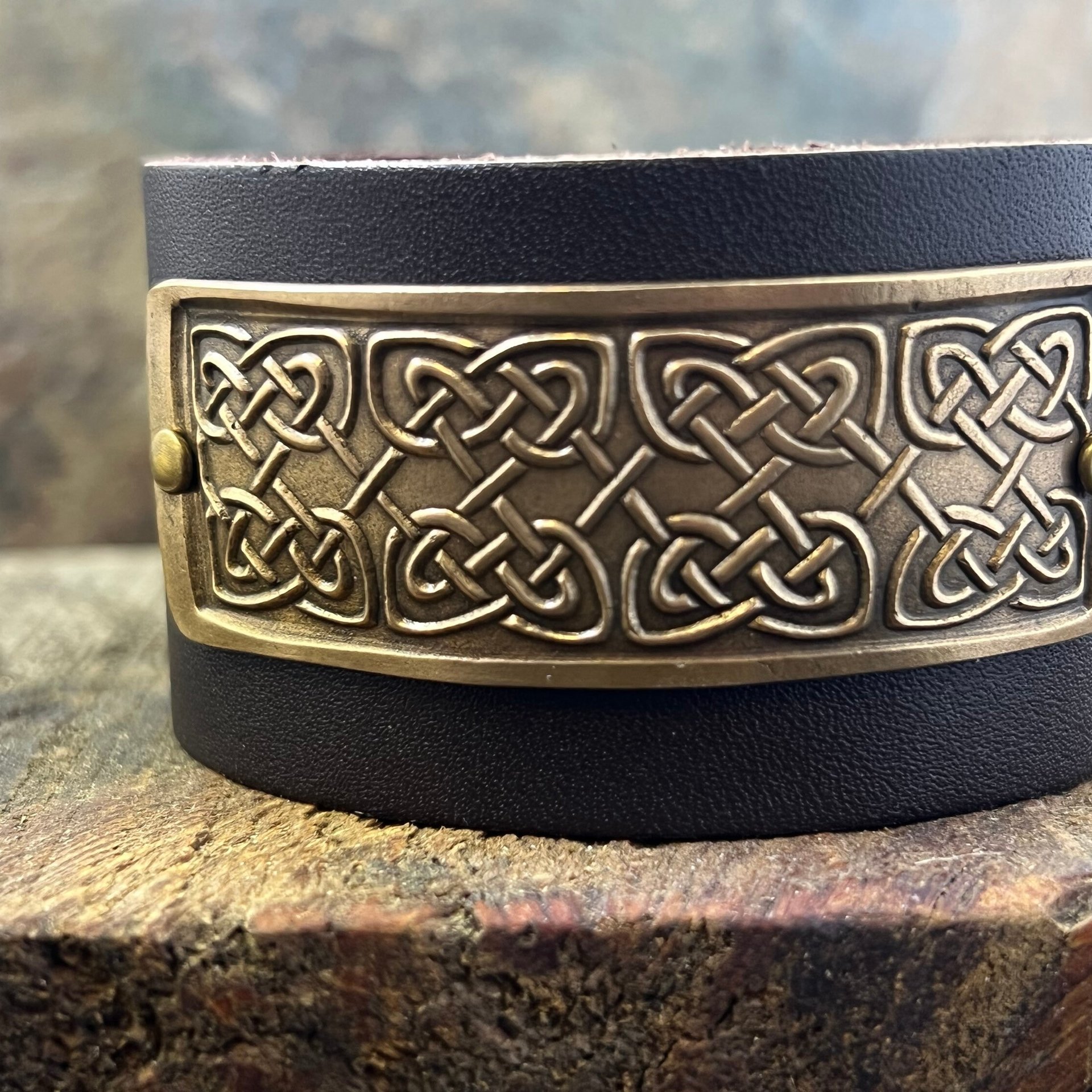 Celtic Knots, Bronze & Leather Cuff Bracelet, Irish Celtic, Unisex Jewelry, Black Leather Adjustable Cuff, Size 6.75-8, Earthy Rustic