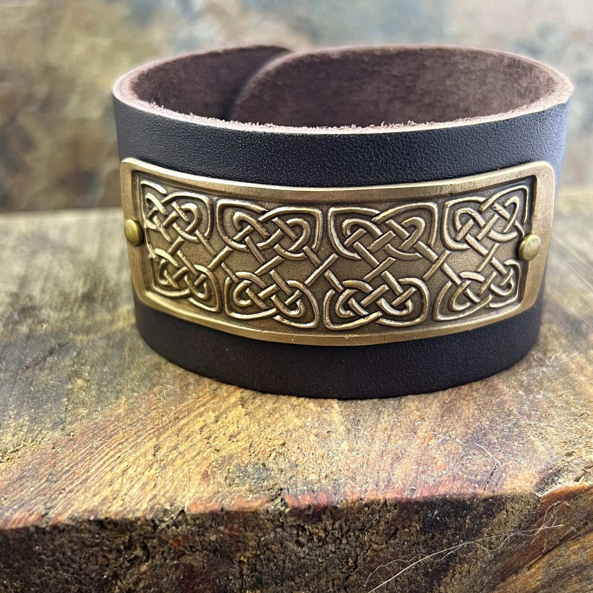 Celtic Knots, Bronze & Leather Cuff Bracelet, Irish Celtic, Unisex Jewelry, Black Leather Adjustable Cuff, Size 6.75-8, Earthy Rustic
