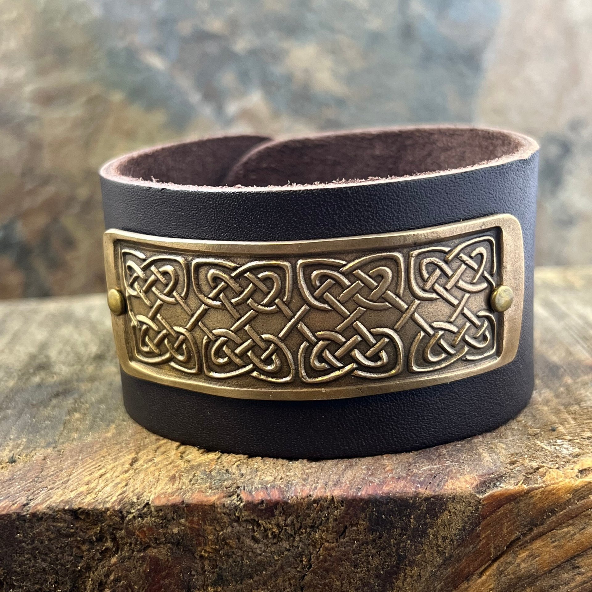 Celtic Knots, Bronze & Leather Cuff Bracelet, Irish Celtic, Unisex Jewelry, Black Leather Adjustable Cuff, Size 6.75-8, Earthy Rustic