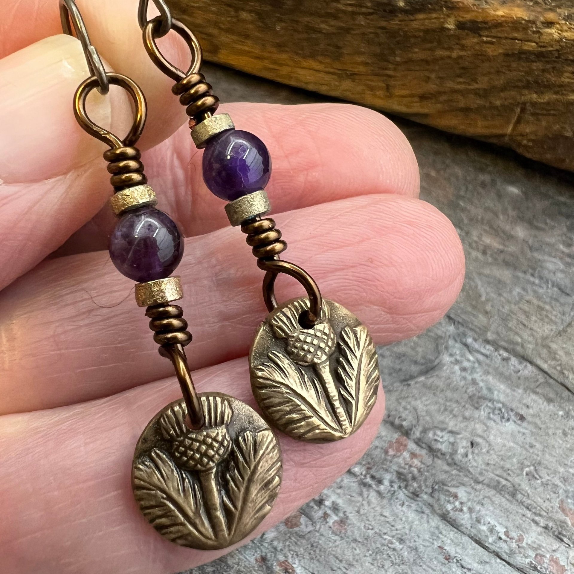 Scottish Thistle Earrings, Outlander Highlander, Scotland Gifts, Amethyst Beads, Wax Seal Jewelry, Small Disc Earrings, Every day Jewelry