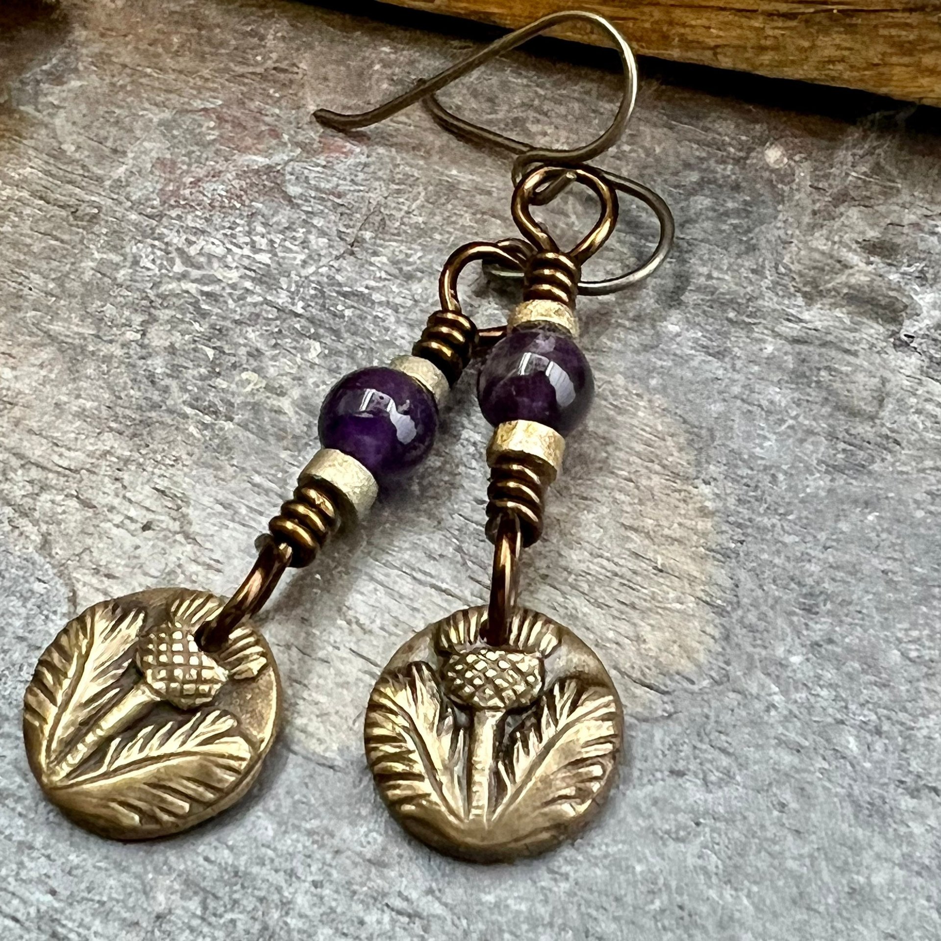 Scottish Thistle Earrings, Outlander Highlander, Scotland Gifts, Amethyst Beads, Wax Seal Jewelry, Small Disc Earrings, Every day Jewelry