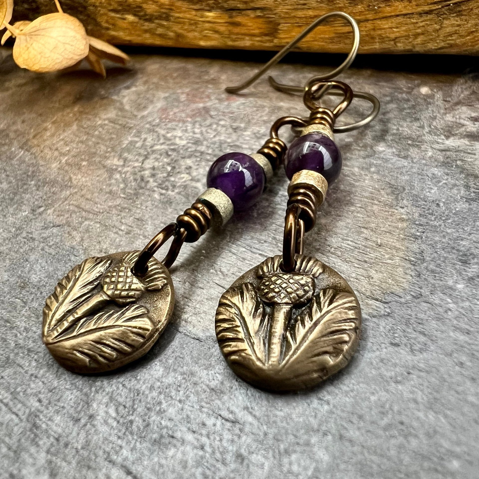 Scottish Thistle Earrings, Outlander Highlander, Scotland Gifts, Amethyst Beads, Wax Seal Jewelry, Small Disc Earrings, Every day Jewelry