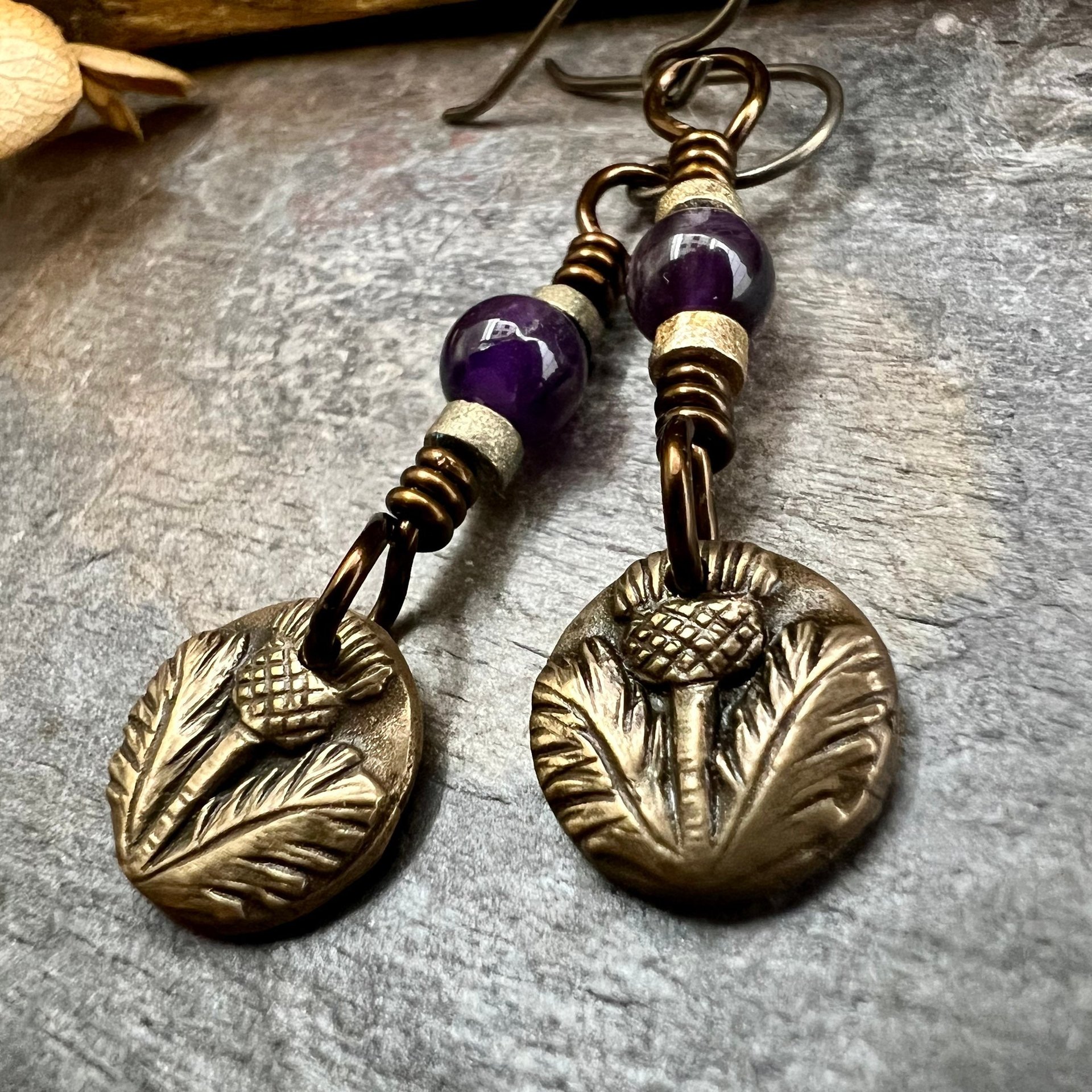 Scottish Thistle Earrings, Outlander Highlander, Scotland Gifts, Amethyst Beads, Wax Seal Jewelry, Small Disc Earrings, Every day Jewelry