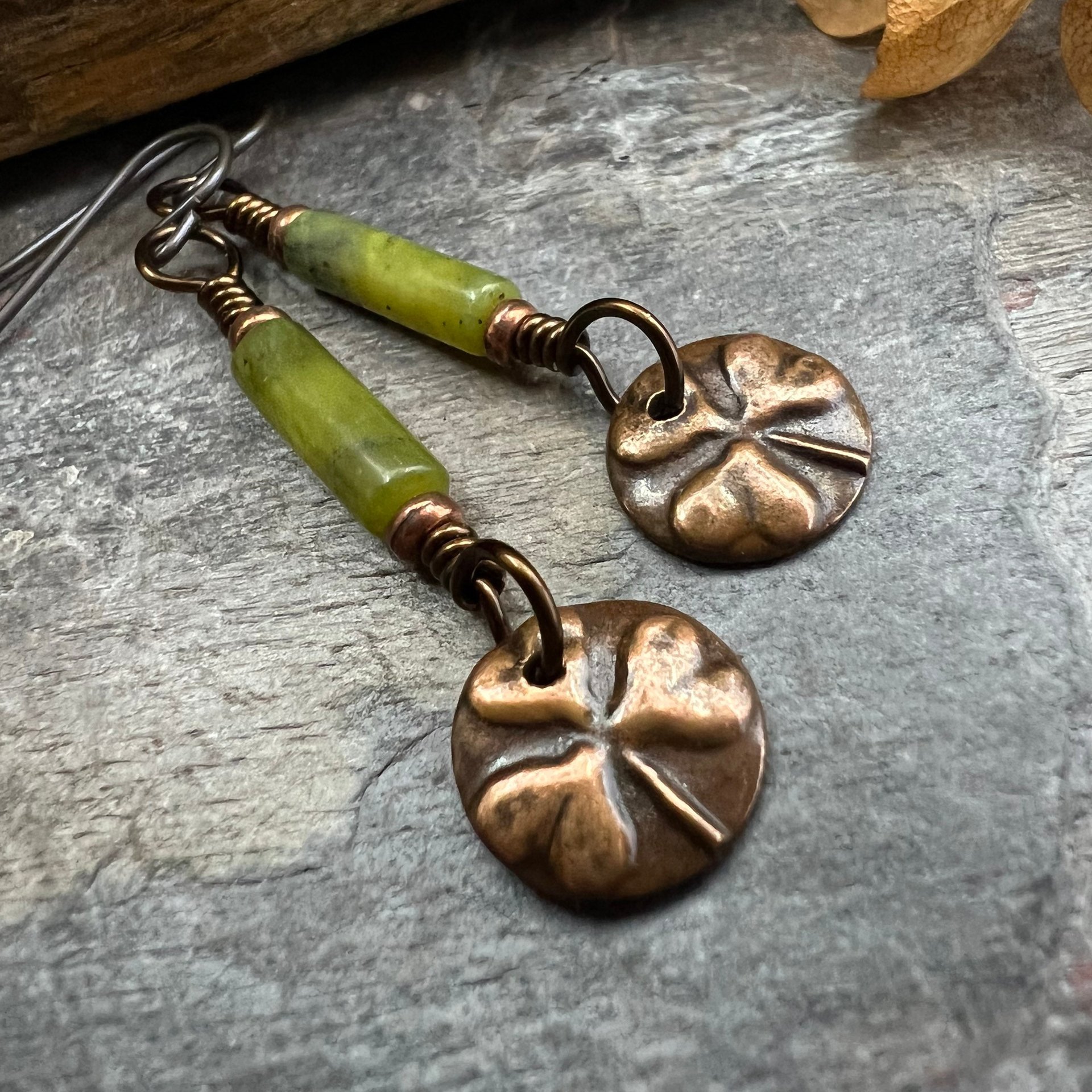 Shamrock Copper Earrings, Irish Clovers, Connemara Marble, Irish Shamrock, Irish Celtic Jewelry, St Patrick's Day, Copper 7th Anniversary