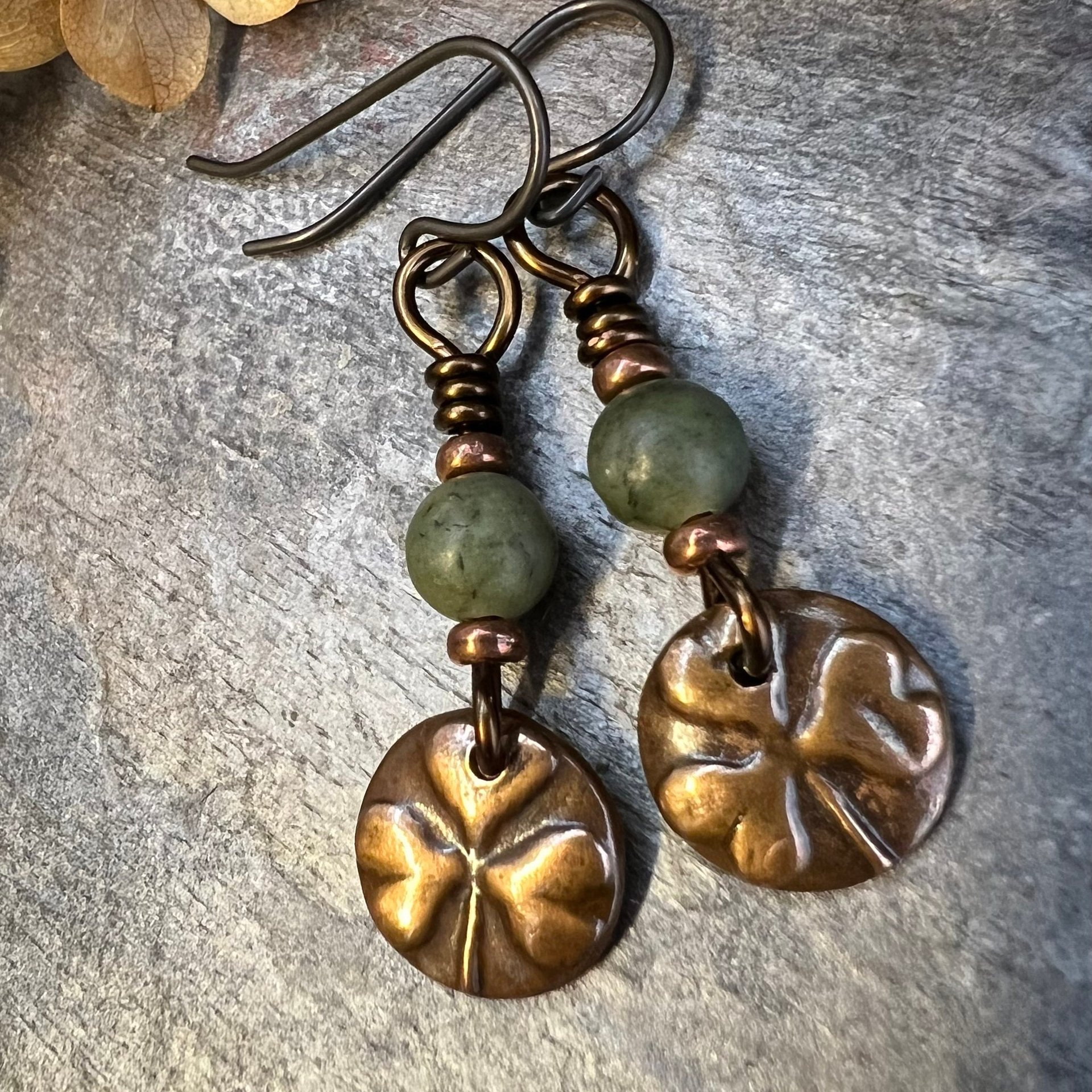 Shamrock Copper Earrings, Irish Clovers, Connemara Marble, Irish Shamrock, Irish Celtic Jewelry, St Patrick's Day, Copper 7th Anniversary