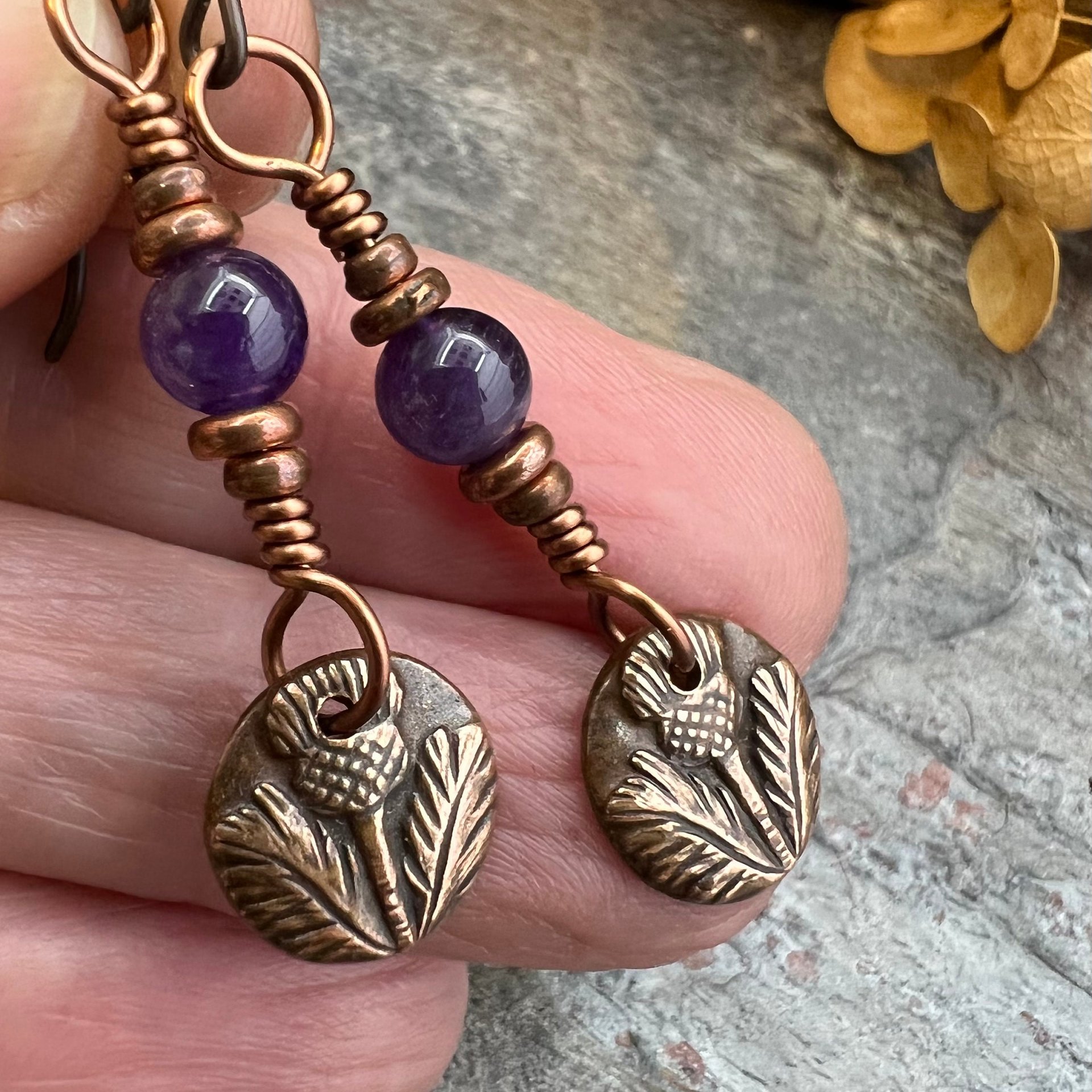 Scottish Thistle Earrings, Outlander Gifts, Copper Anniversary, Thistle of Scotland, Amethyst, Wax Seal Charm, Highlander, Disc Earrings