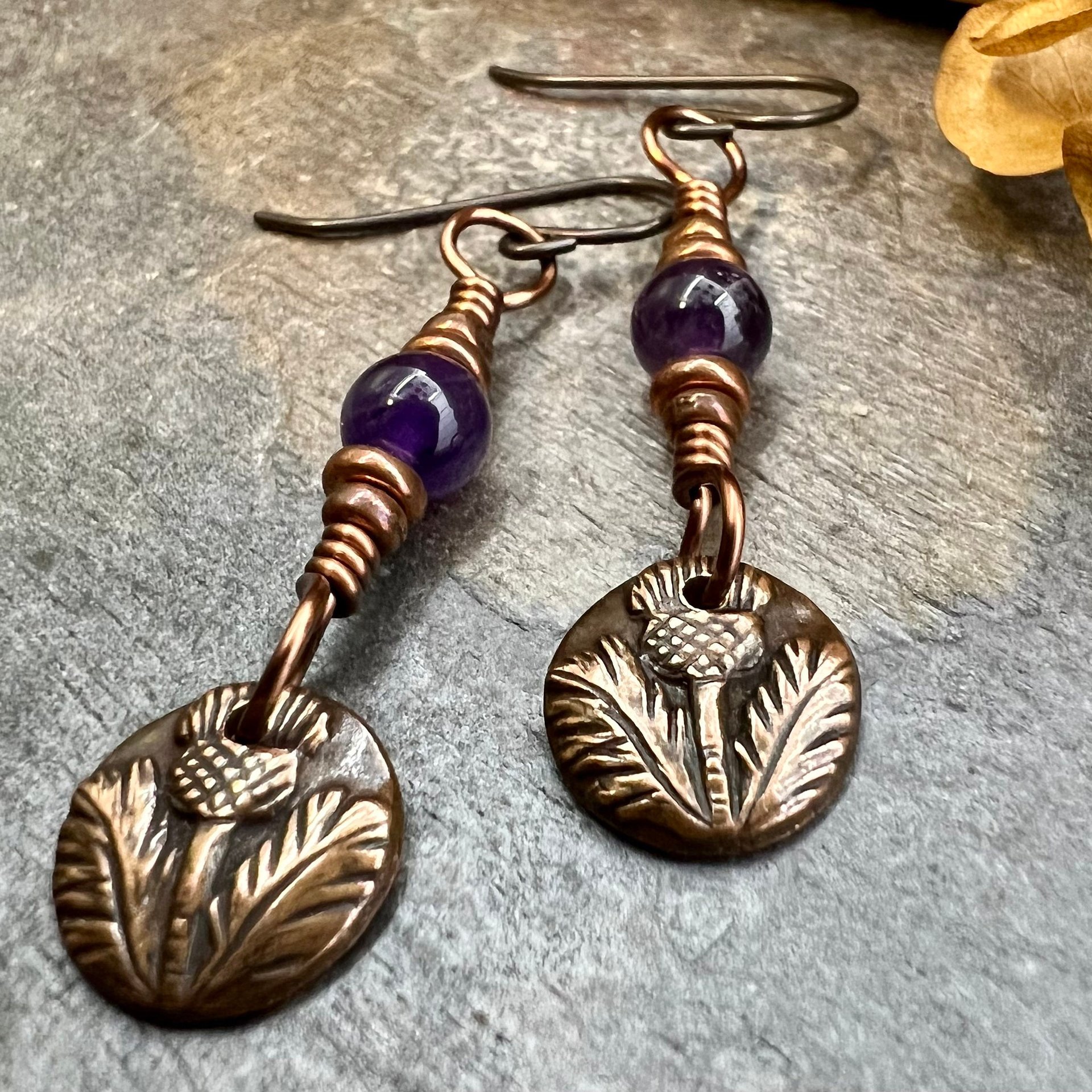 Scottish Thistle Earrings, Outlander Gifts, Copper Anniversary, Thistle of Scotland, Amethyst, Wax Seal Charm, Highlander, Disc Earrings