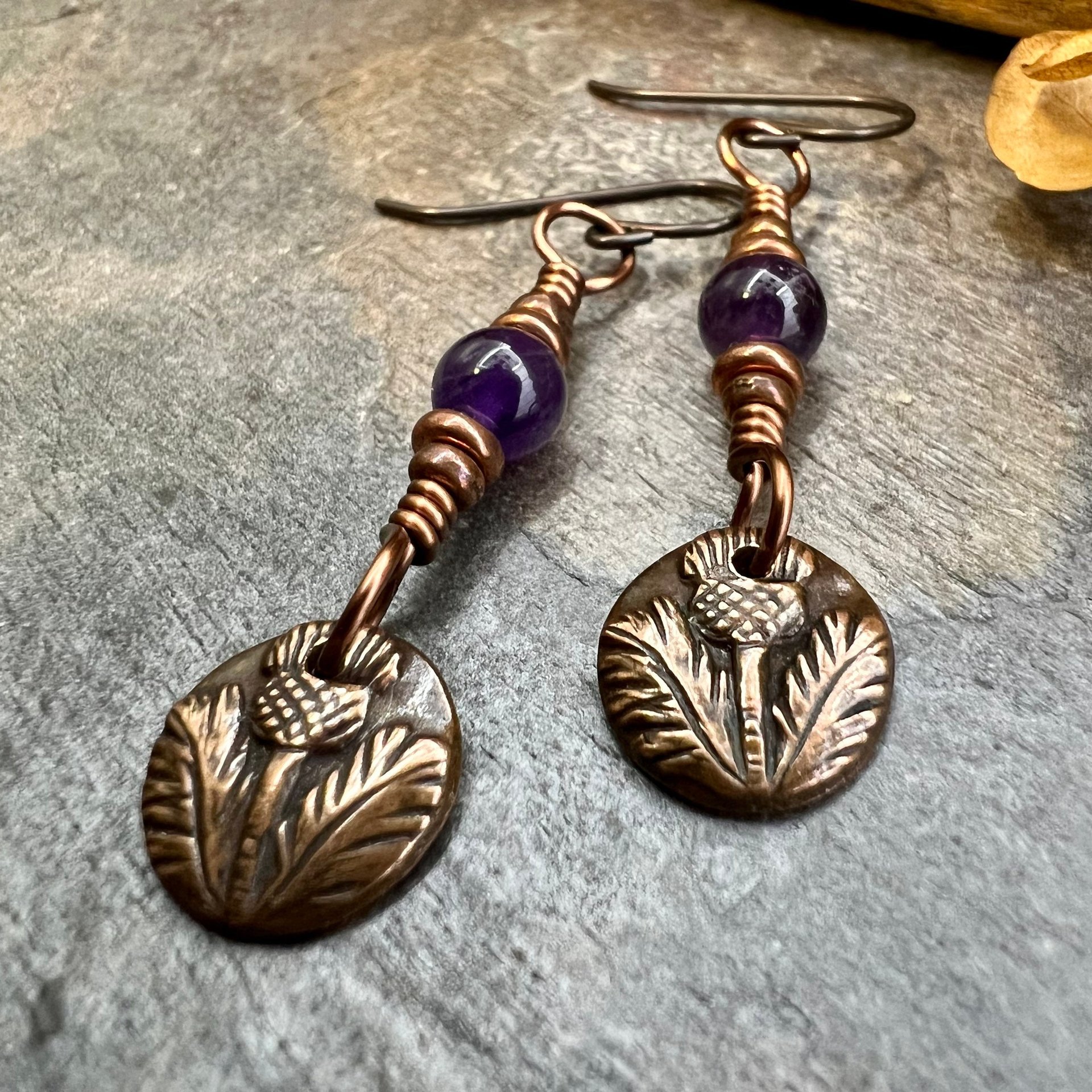 Scottish Thistle Earrings, Outlander Gifts, Copper Anniversary, Thistle of Scotland, Amethyst, Wax Seal Charm, Highlander, Disc Earrings