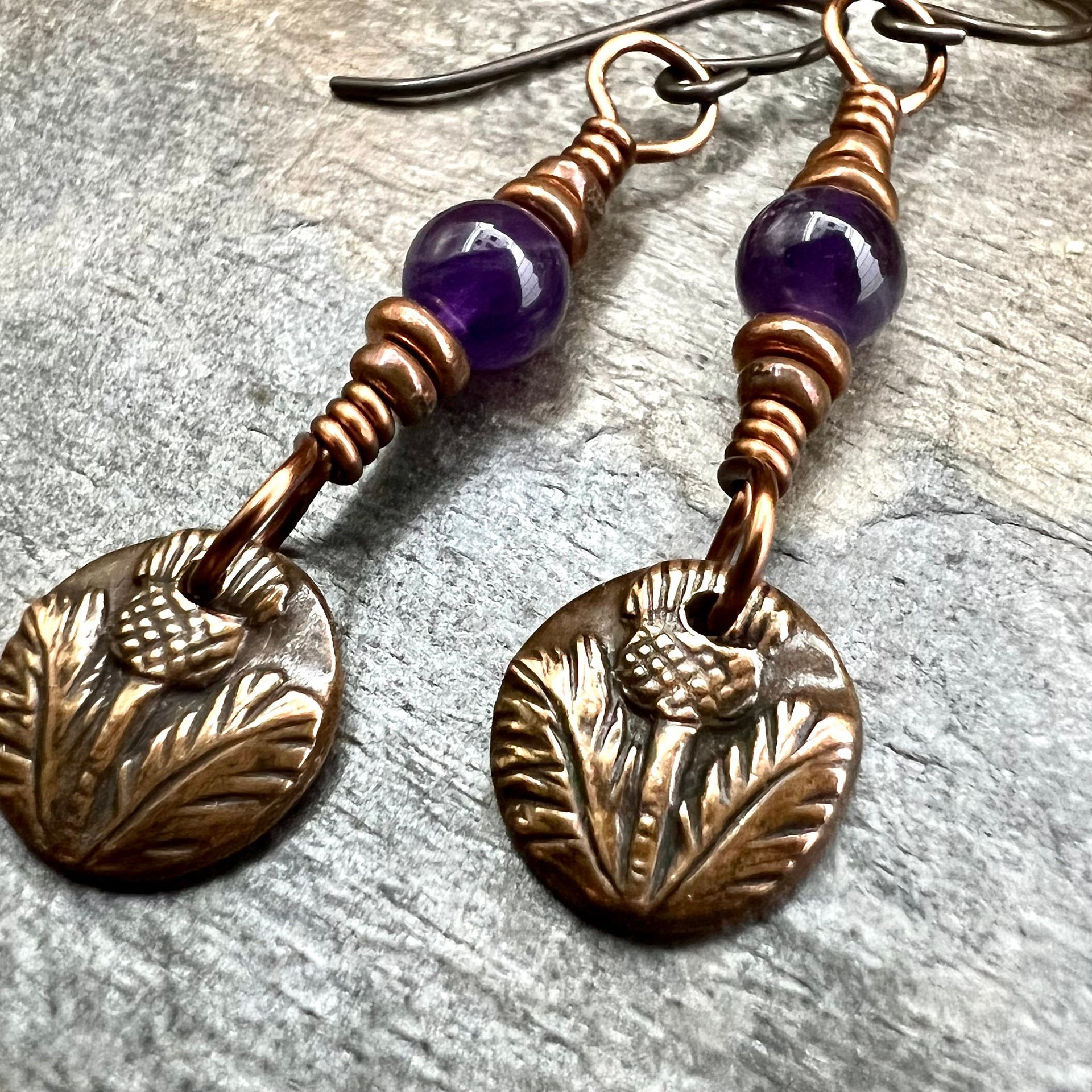 Scottish Thistle Earrings, Outlander Gifts, Copper Anniversary, Thistle of Scotland, Amethyst, Wax Seal Charm, Highlander, Disc Earrings