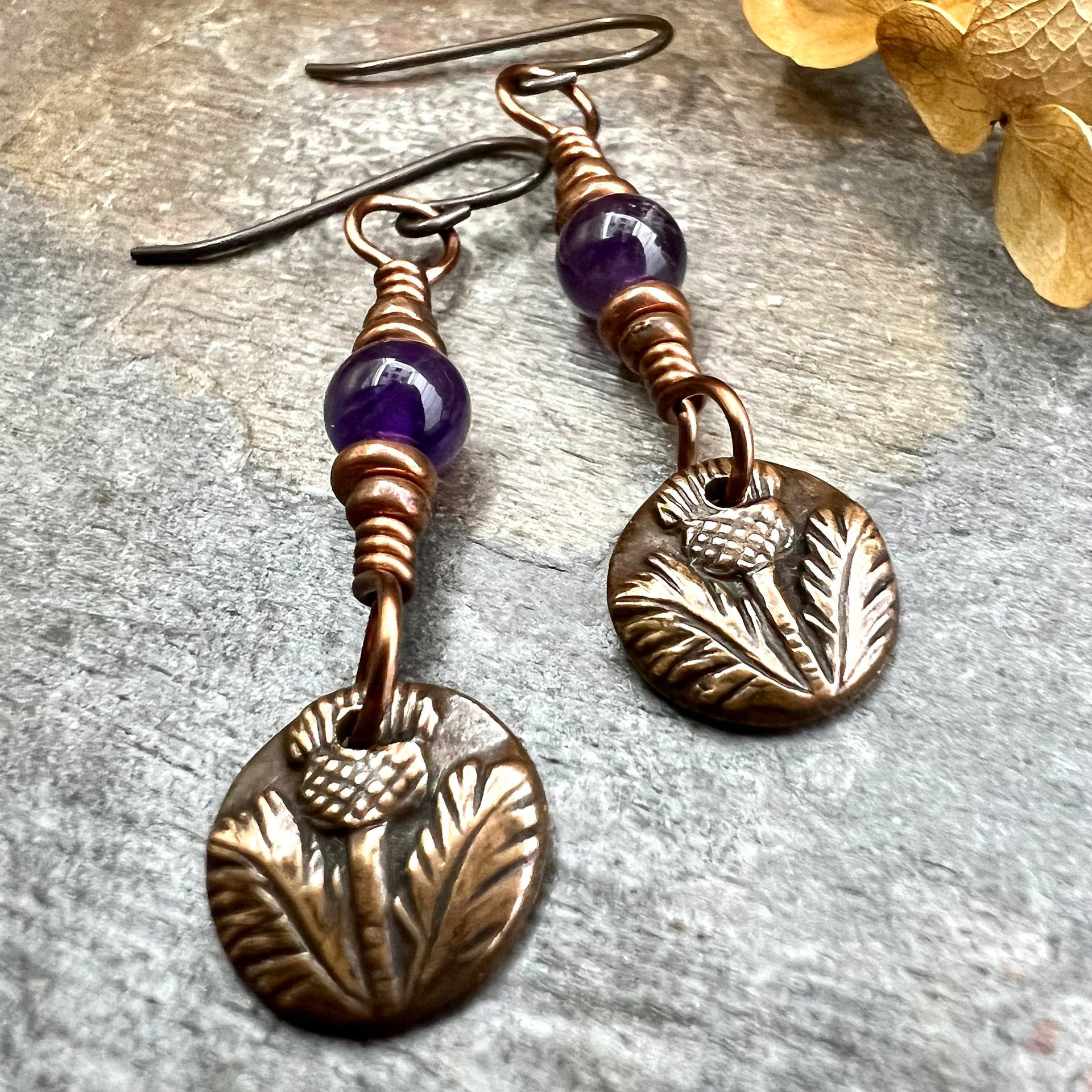 Scottish Thistle Earrings, Outlander Gifts, Copper Anniversary, Thistle of Scotland, Amethyst, Wax Seal Charm, Highlander, Disc Earrings