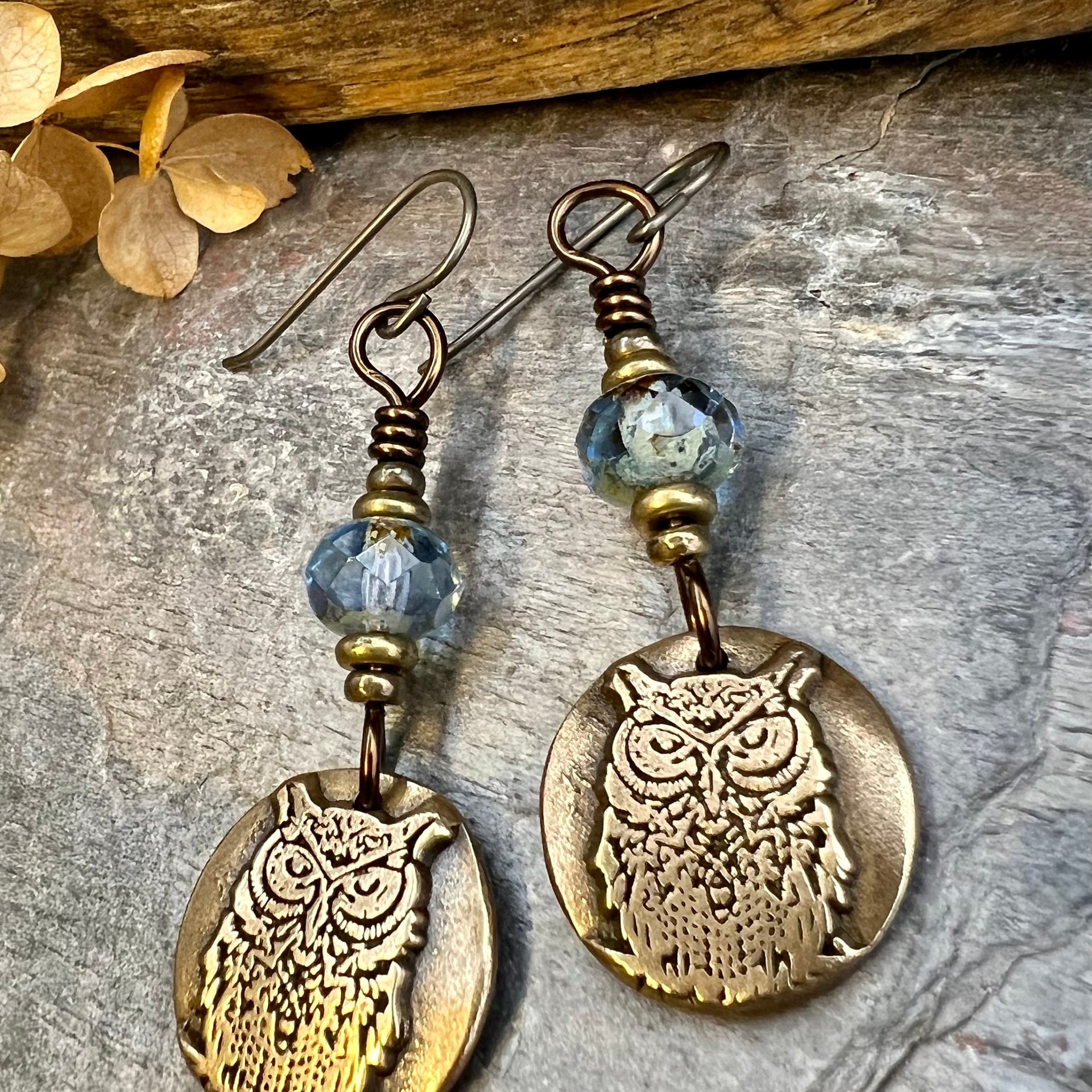 Bronze Owl Earrings, Earthy Witch Jewelry, Faceted Czech Glass Beads, Hypoallergenic Ear Wires, Light Dangle Earrings, Handmade Art Jewelry
