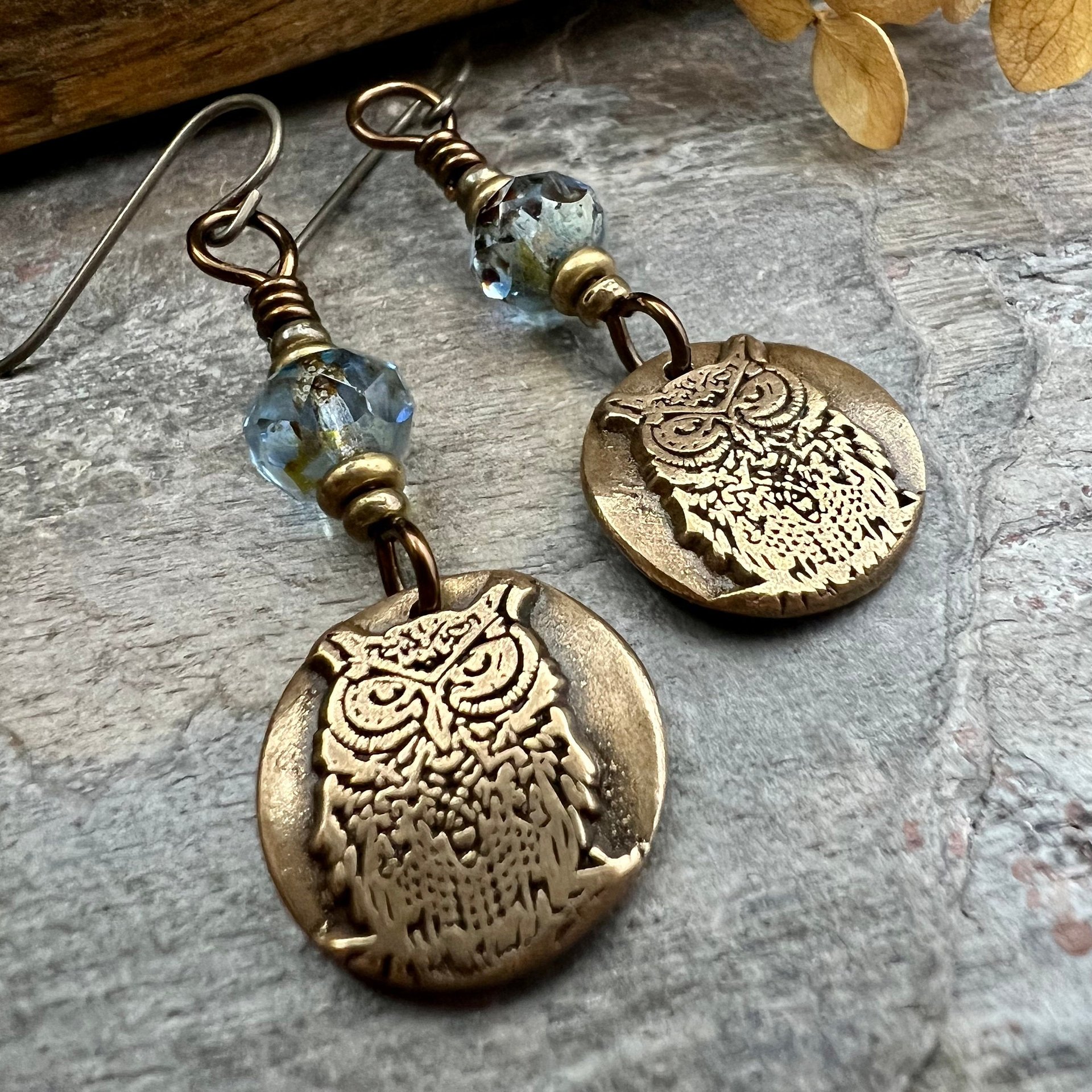 Bronze Owl Earrings, Earthy Witch Jewelry, Faceted Czech Glass Beads, Hypoallergenic Ear Wires, Light Dangle Earrings, Handmade Art Jewelry